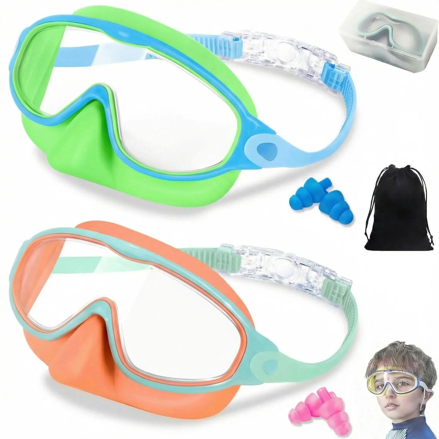 MERSUN 2 Pack Kids Swim Goggles with Nose Cover for 3-15 Anti-Uv Anti-Fog Pool Water Swimming Goggles Boys Girls Youth Toddler