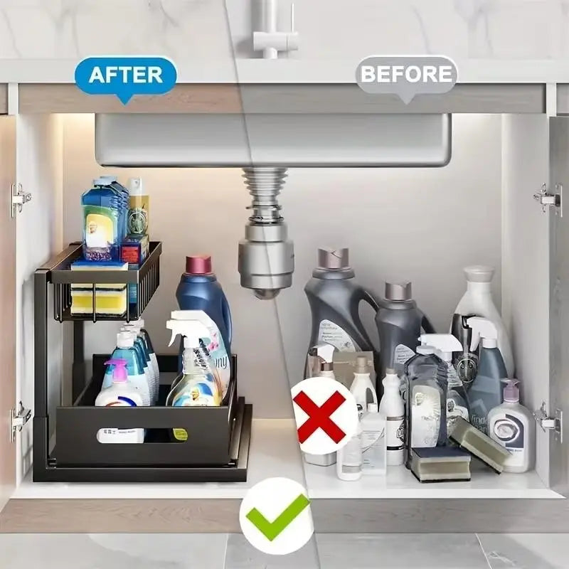 Kitchen Fixed Shelf Sink Storage, Sliding Pull-Out Cabinet Arrangement Rack, Metal Sliding Drawer, Bathroom Organizing Accessories, for Kitchen Bathroom Refrigerator Cabinet Organization Rack, Kitchen Storage Essential Goods