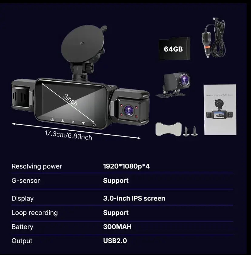 4 Channel Dash Cam with 360° Surround View Includes FREE OBD Cable for 24/7 Parking Monitor 4 Lens Front Rear inside Left Right Recording 3" Display, Built-In Wifi, 64GB Card Clear Night Vision, Hdr,Automotive Driving Recorder