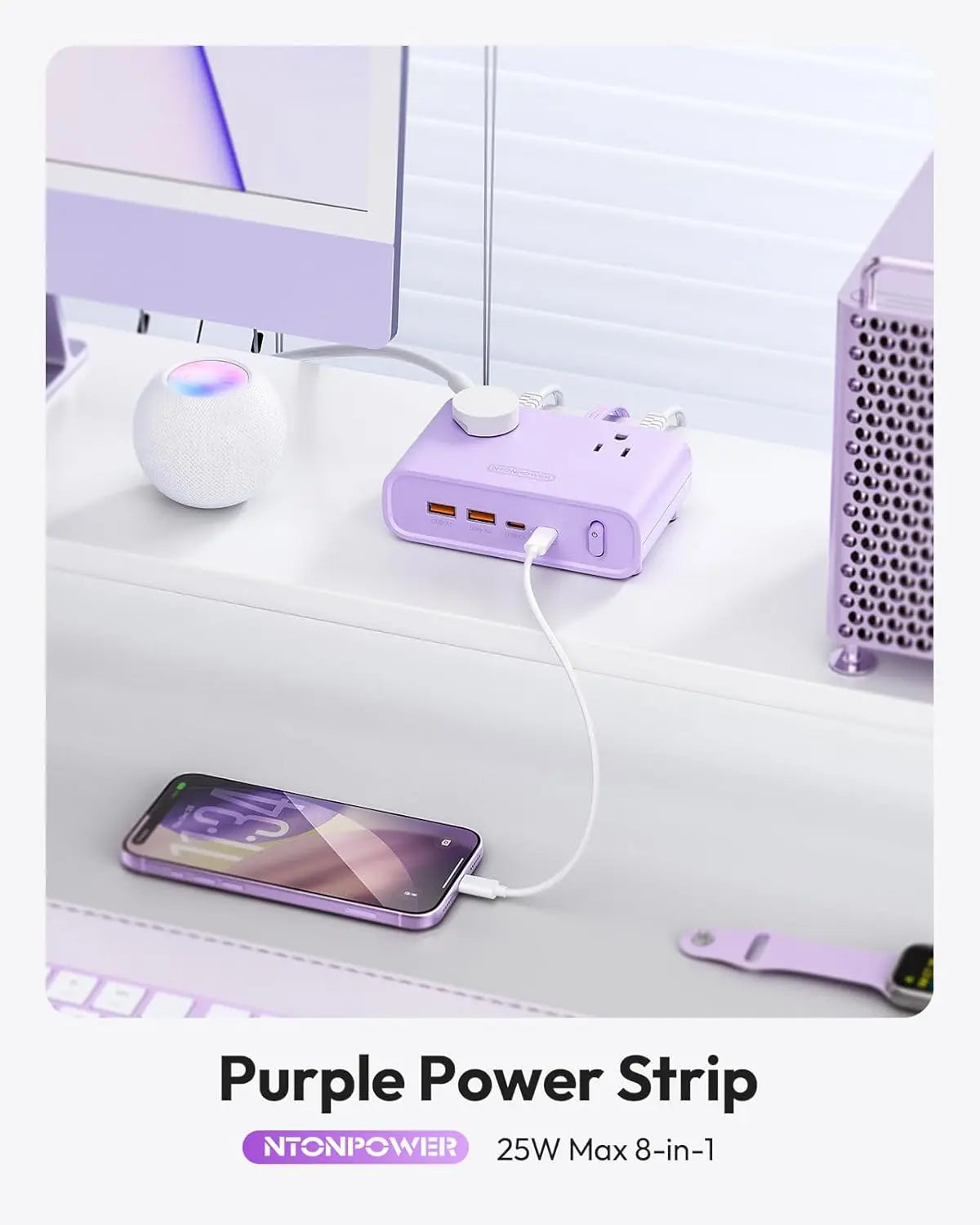 NTONPOWER Flat Plug Power Strip, Desktop Charging Station with 25W USB C Ports, Purple Extension Cord with 4 AC Outlets, 5Ft Flat Extension Cord for Home Office, Dorm Room Essentials,Mother'S Day Gift Ideas