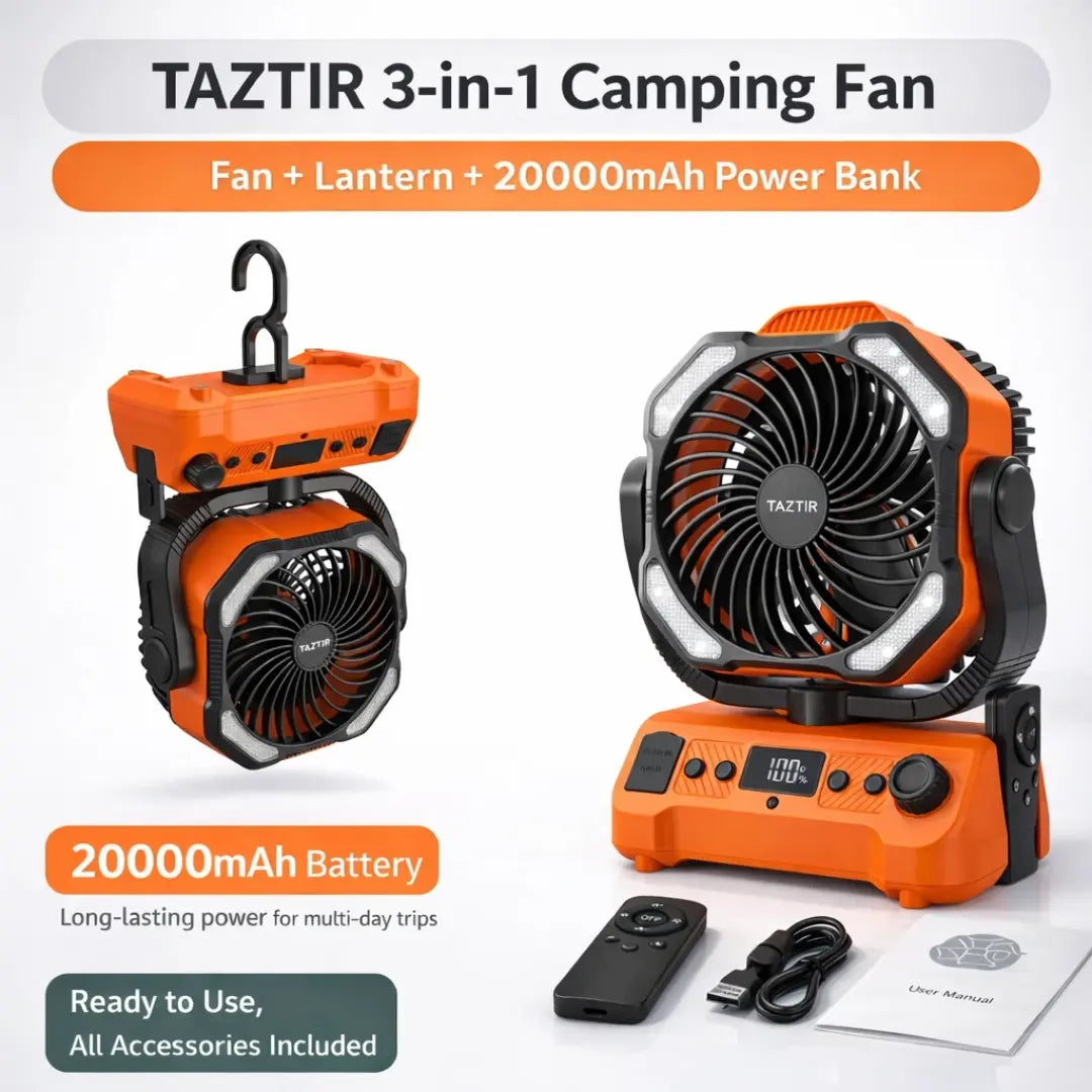 Mother'S Day Gift Taztir 3-In-1 Portable Camping Fan with 20000Mah Battery, Rechargeable Desktop Fan with LED Light & Power Bank, No Plug, 4 Speeds Strong Airflow for Camping, Bedroom, Office & Emergency
