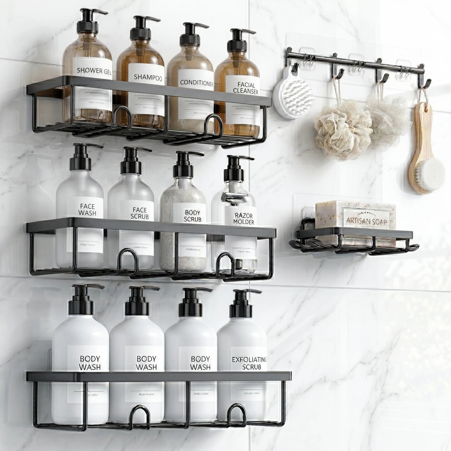 Rustproof Black Shower Caddy Set Bathroom Towel Stainless Self-Adhesive Steel