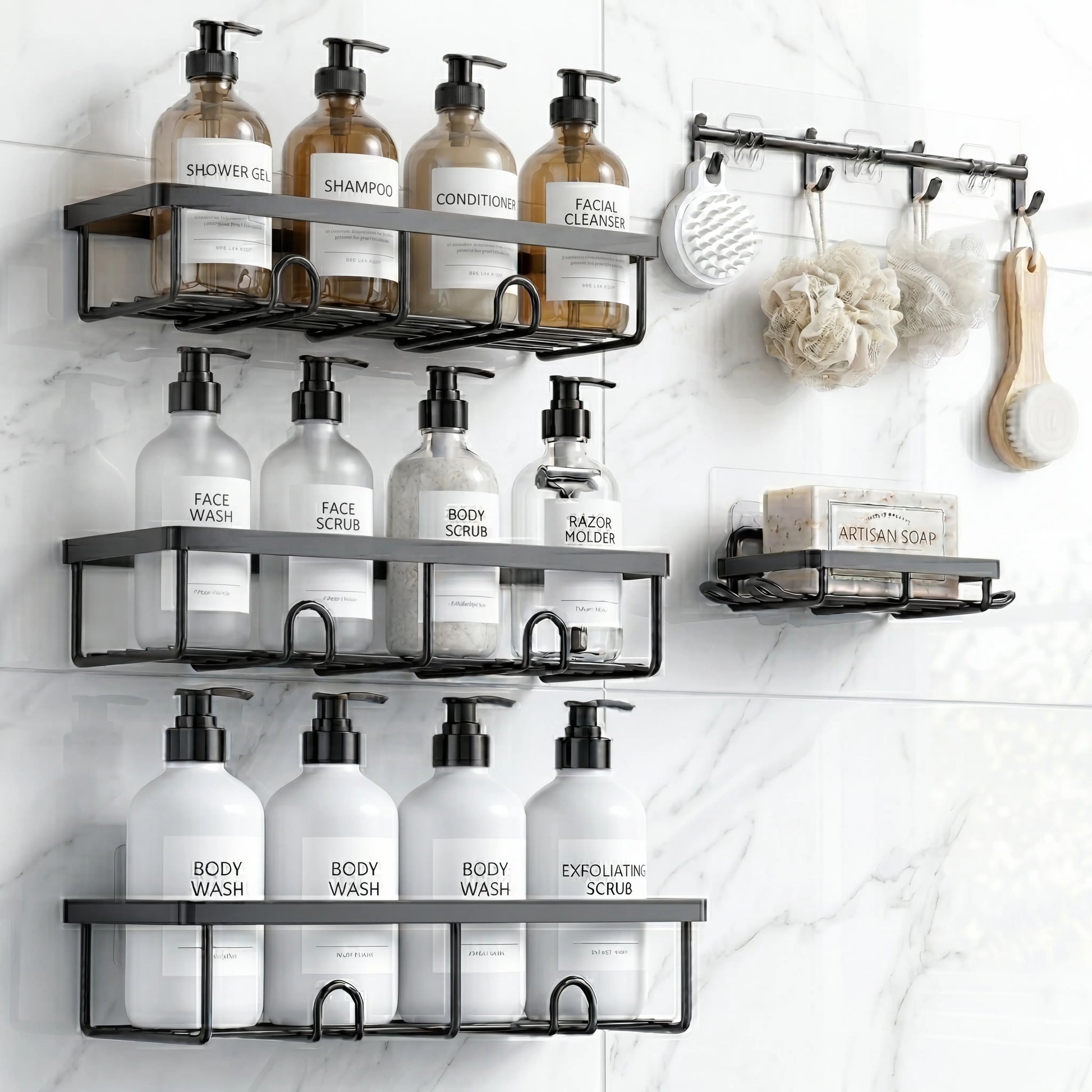 Rustproof Black Shower Caddy Set Bathroom Towel Stainless Self-Adhesive Steel