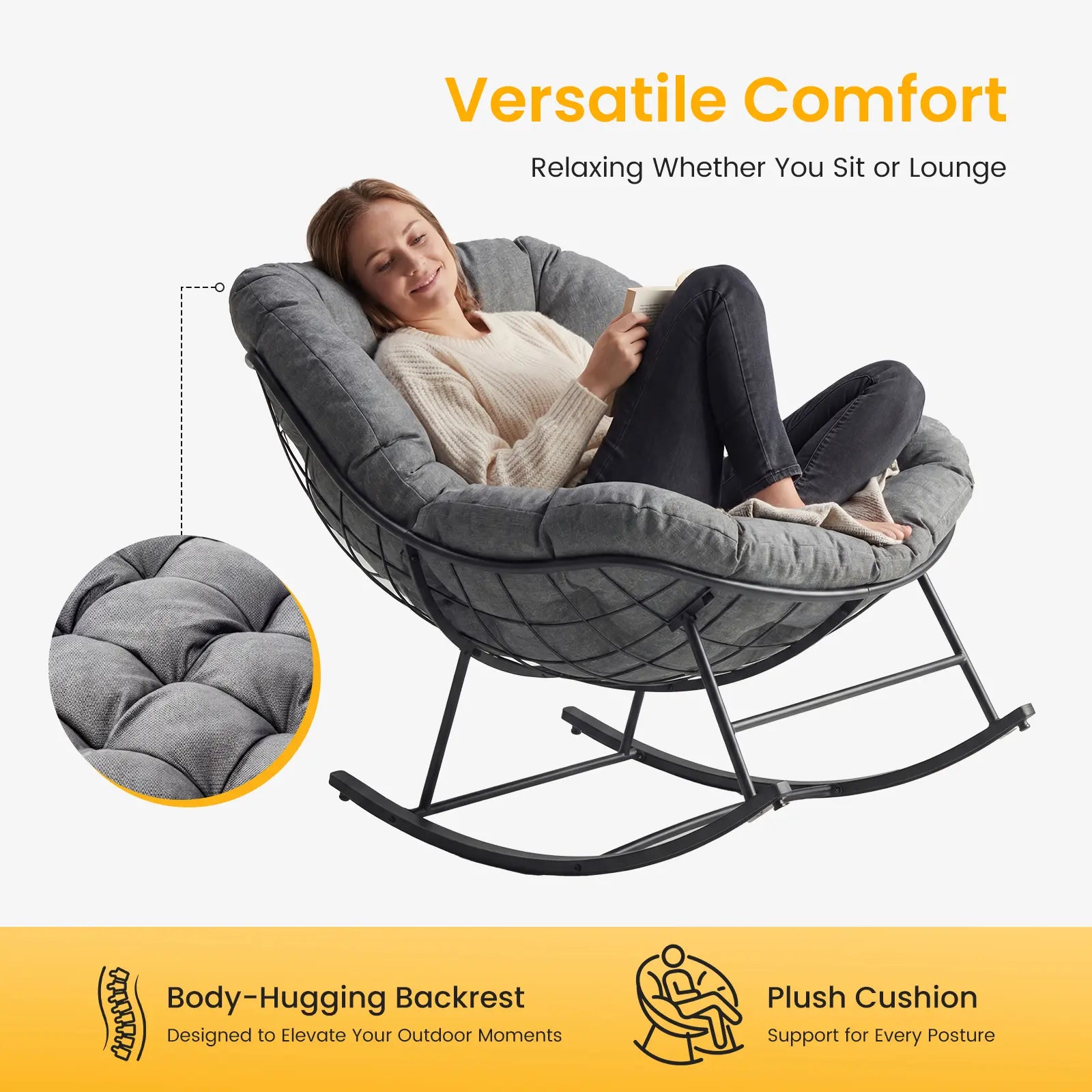 Heavy Duty Outdoor Rocking Chair with Cushion, Oversized Egg Lounge, 450 Lbs All-Weather Glider for Patio, Garden, Living Room