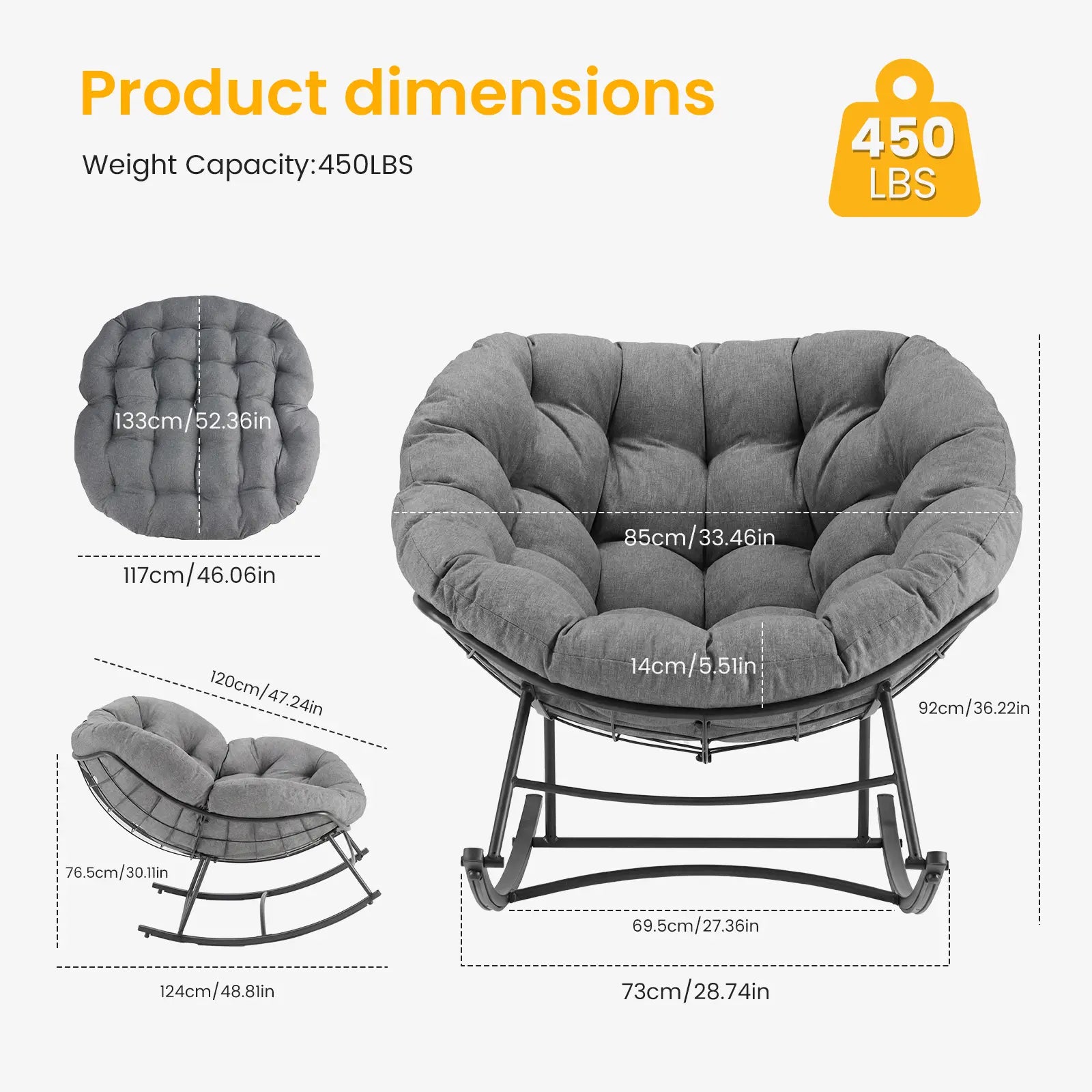 Heavy Duty Outdoor Rocking Chair with Cushion, Oversized Egg Lounge, 450 Lbs All-Weather Glider for Patio, Garden, Living Room