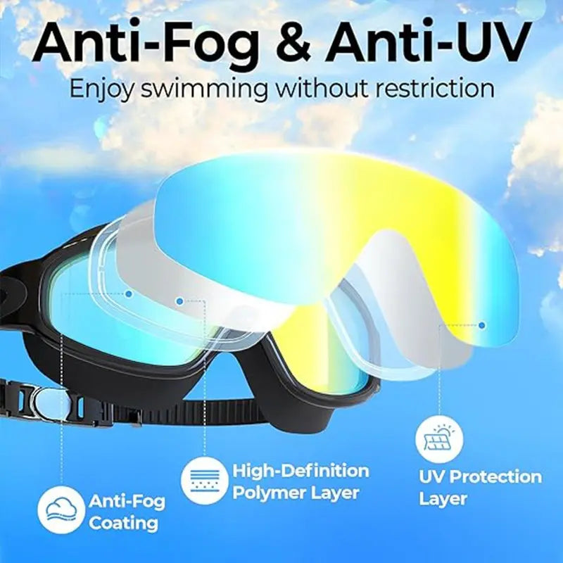 4 Pack Swimming Goggles Set, 4 PCS Adult Large Frame Swim Glasses with Nose Clip and Earplugs, Unisex UV Protection Waterproof Anti-Fog, Swimming Accessories