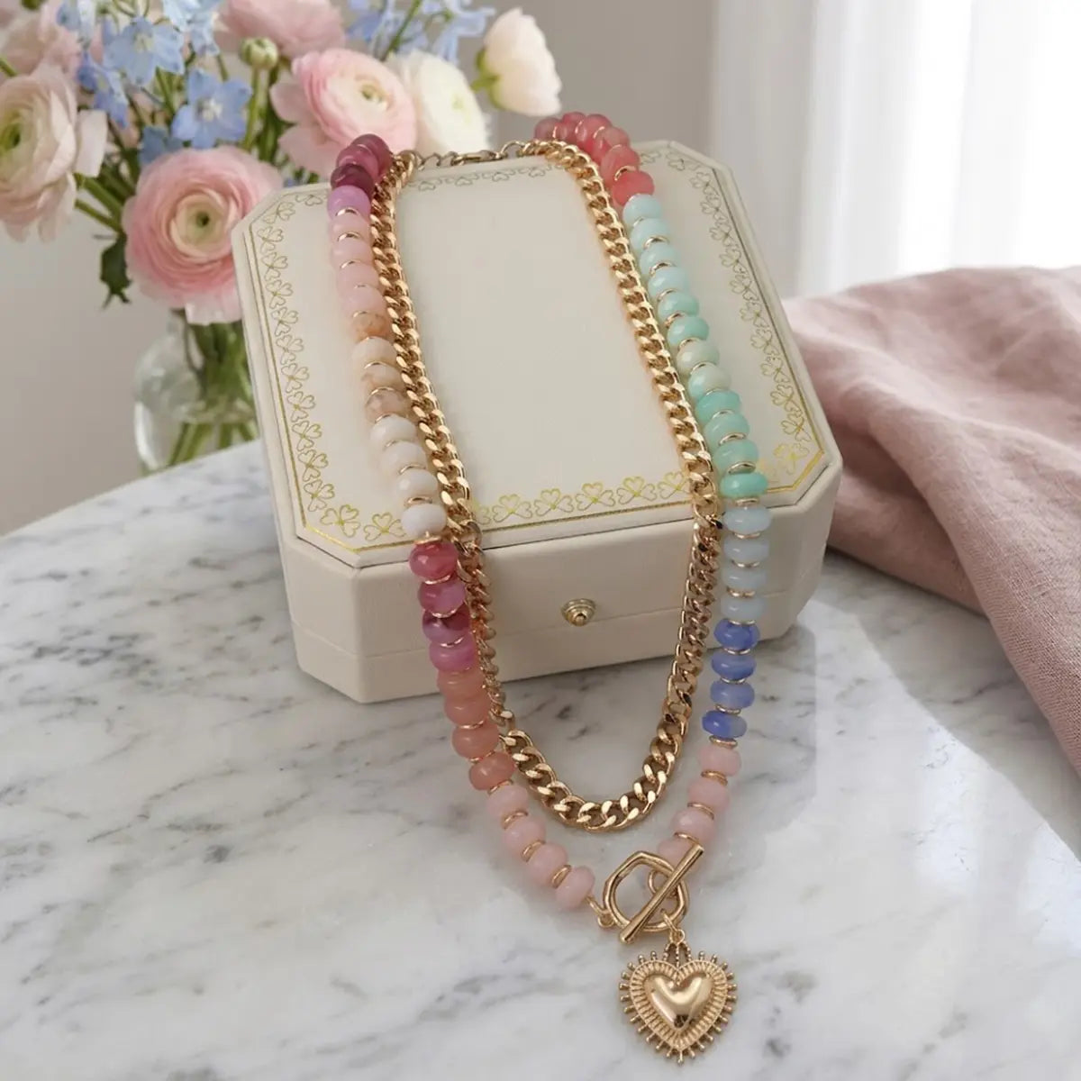 Dopamine-Enhanced Colored Beaded Double-Layer Necklace, Heart-Shaped Pendant Chain, Clavicle Chain, Unique Stacked Heart Pendant, Women'S Jewelry Gift.