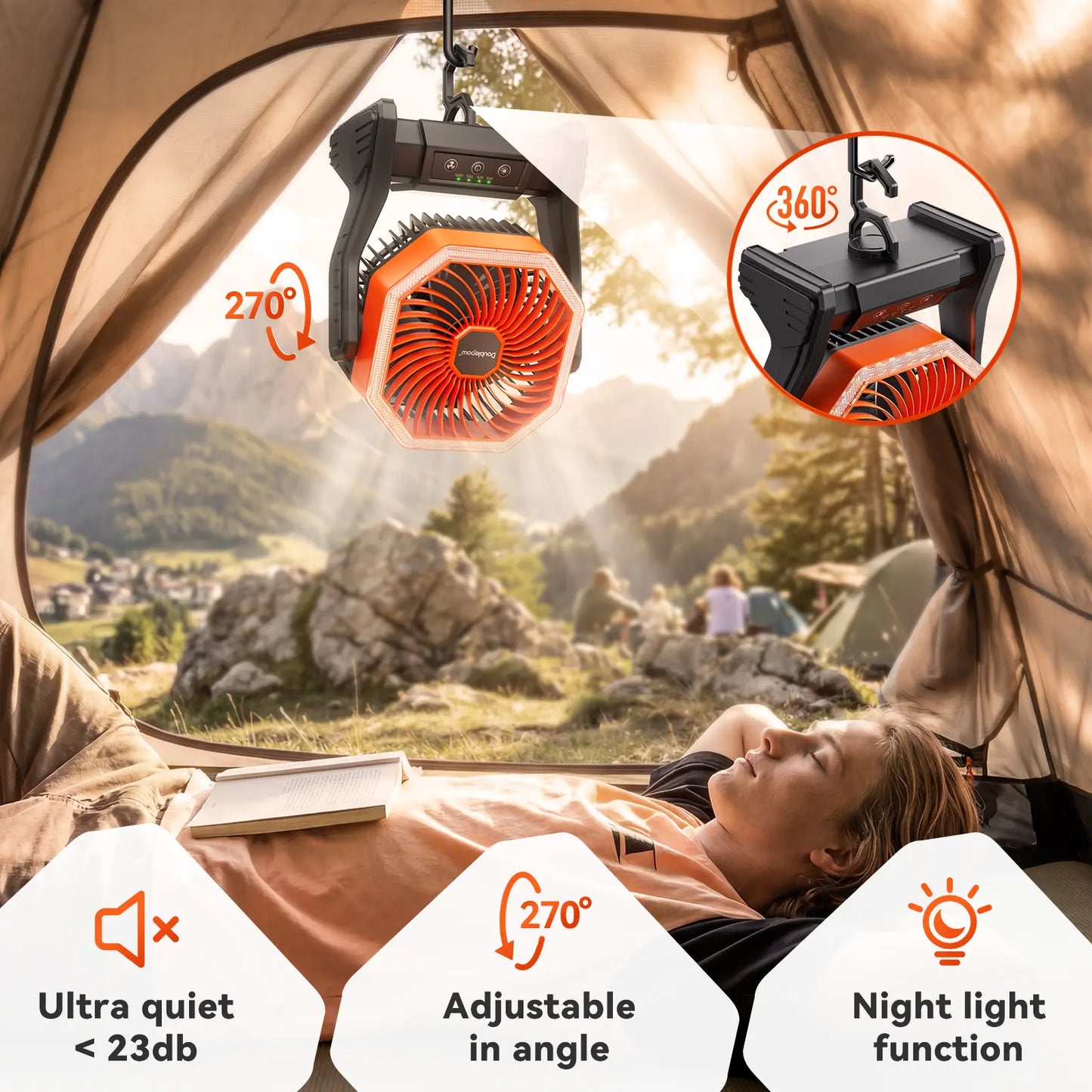 Doublepow 20000Mah Camping Fan with LED Light, Rechargeable Desktop Fan, Tent Fan with Hook, Adjustable 4-Speed Powerful Wind Speed USB Fan, Suitable for Camping Work Site, Hurricane Fishing Office
