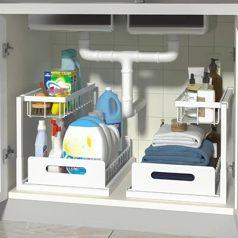 Kitchen Fixed Shelf Sink Storage, Sliding Pull-Out Cabinet Arrangement Rack, Metal Sliding Drawer, Bathroom Organizing Accessories, for Kitchen Bathroom Refrigerator Cabinet Organization Rack, Kitchen Storage Essential Goods