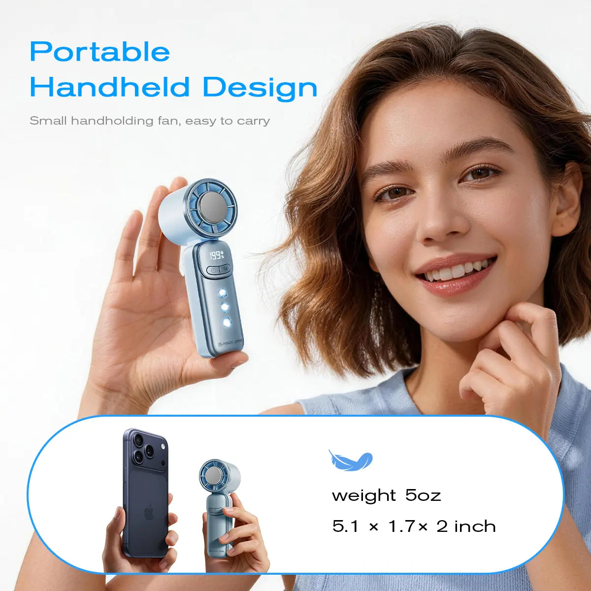 MAGIC JOHN Mini Handheld Cooling Fan – 199-Speed Precision Control, Ice-Cooling Function, LED Display, Pocket-Size Portable Fan for Travel, Summer, Concerts & Commuting