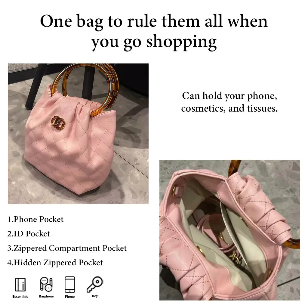 The Tangerine Ring Pouch - Chic Quilted Bucket Bag Soft Faux Leather with Tortoiseshell Handle for Summer Vacation Resort Trendy All-Match Commuter Bag