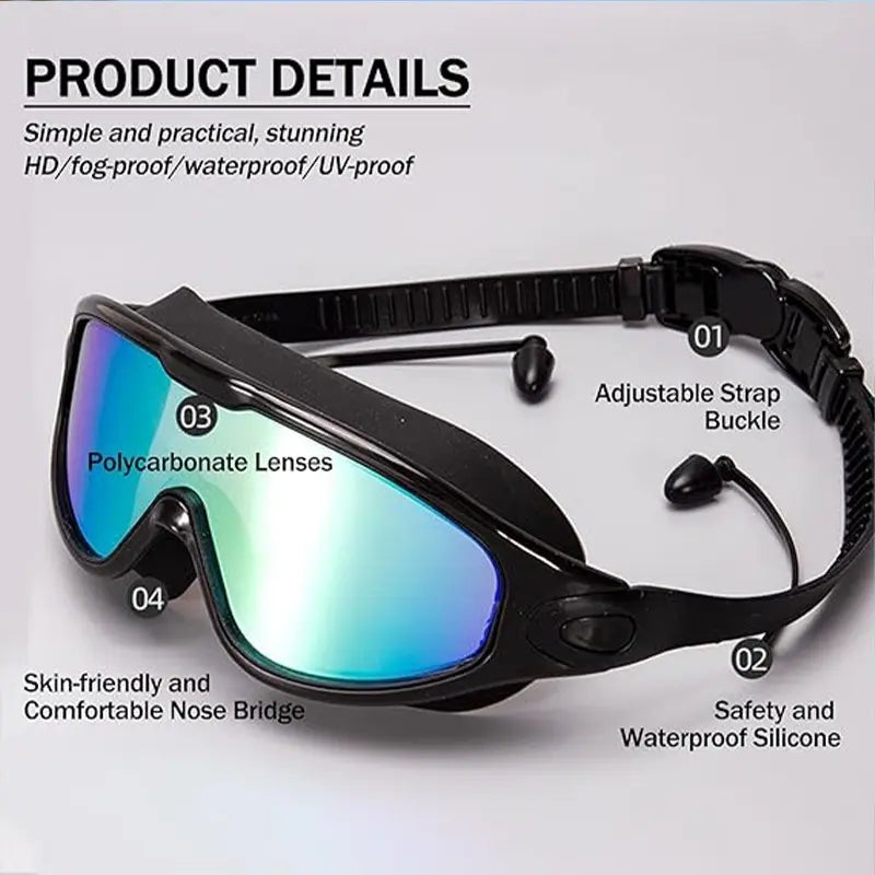 4 Pack Swimming Goggles Set, 4 PCS Adult Large Frame Swim Glasses with Nose Clip and Earplugs, Unisex UV Protection Waterproof Anti-Fog, Swimming Accessories