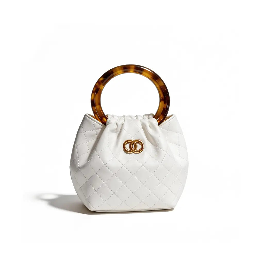 The Tangerine Ring Pouch - Chic Quilted Bucket Bag Soft Faux Leather with Tortoiseshell Handle for Summer Vacation Resort Trendy All-Match Commuter Bag