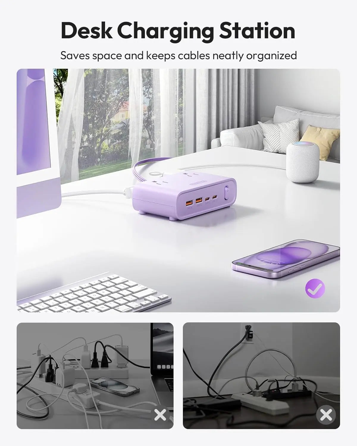 NTONPOWER Flat Plug Power Strip, Desktop Charging Station with 25W USB C Ports, Purple Extension Cord with 4 AC Outlets, 5Ft Flat Extension Cord for Home Office, Dorm Room Essentials,Mother'S Day Gift Ideas
