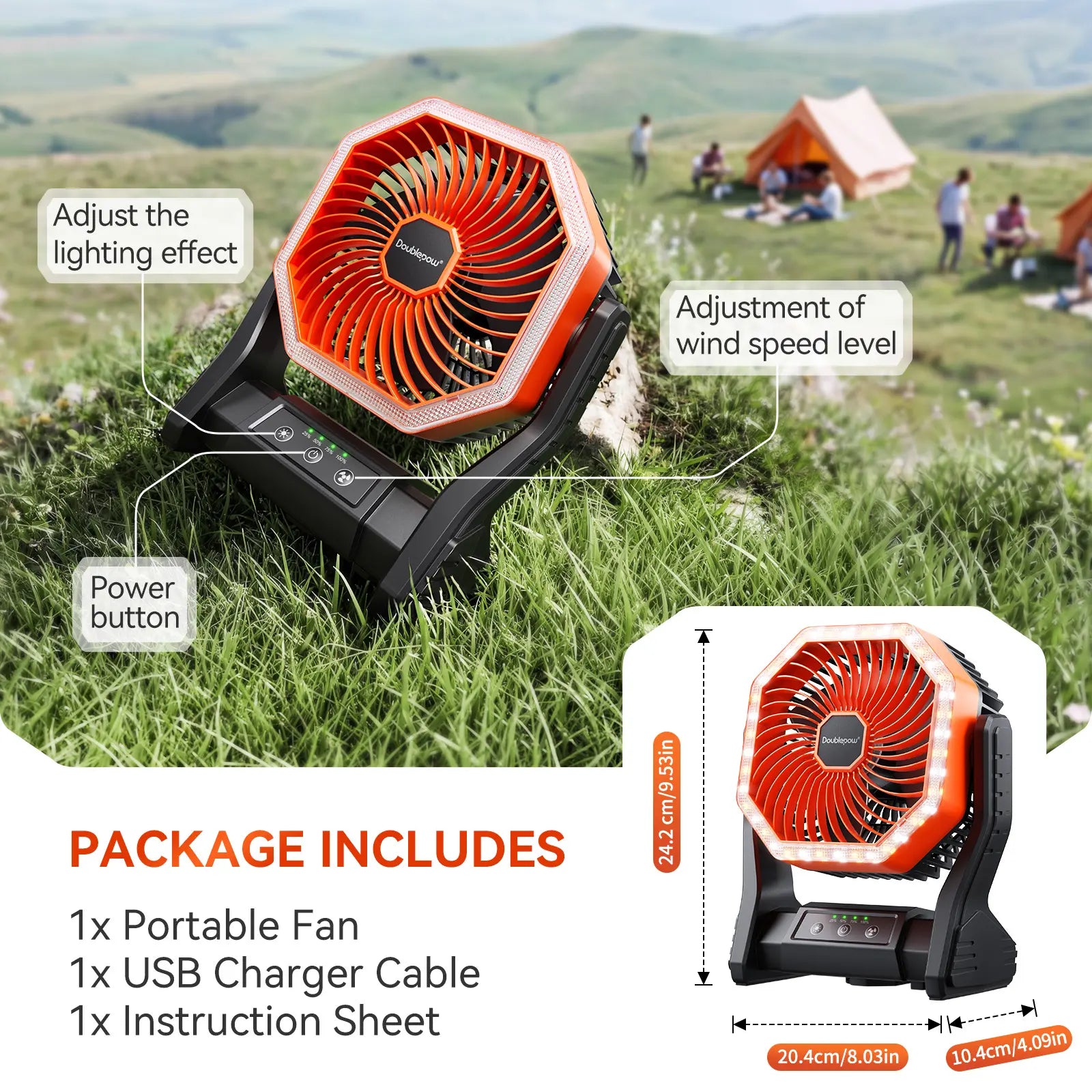 Doublepow 20000Mah Camping Fan with LED Light, Rechargeable Desktop Fan, Tent Fan with Hook, Adjustable 4-Speed Powerful Wind Speed USB Fan, Suitable for Camping Work Site, Hurricane Fishing Office