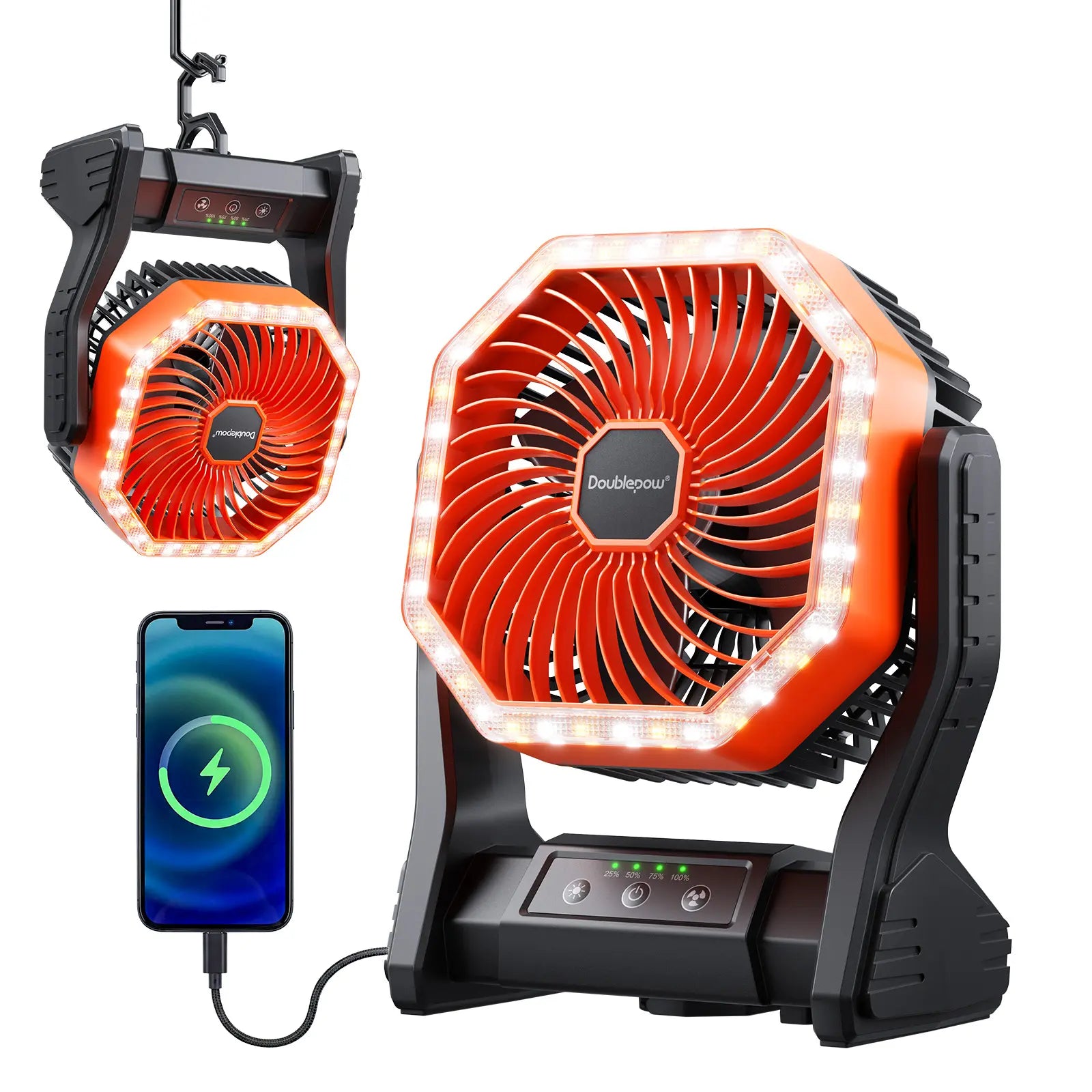 Doublepow 20000Mah Camping Fan with LED Light, Rechargeable Desktop Fan, Tent Fan with Hook, Adjustable 4-Speed Powerful Wind Speed USB Fan, Suitable for Camping Work Site, Hurricane Fishing Office