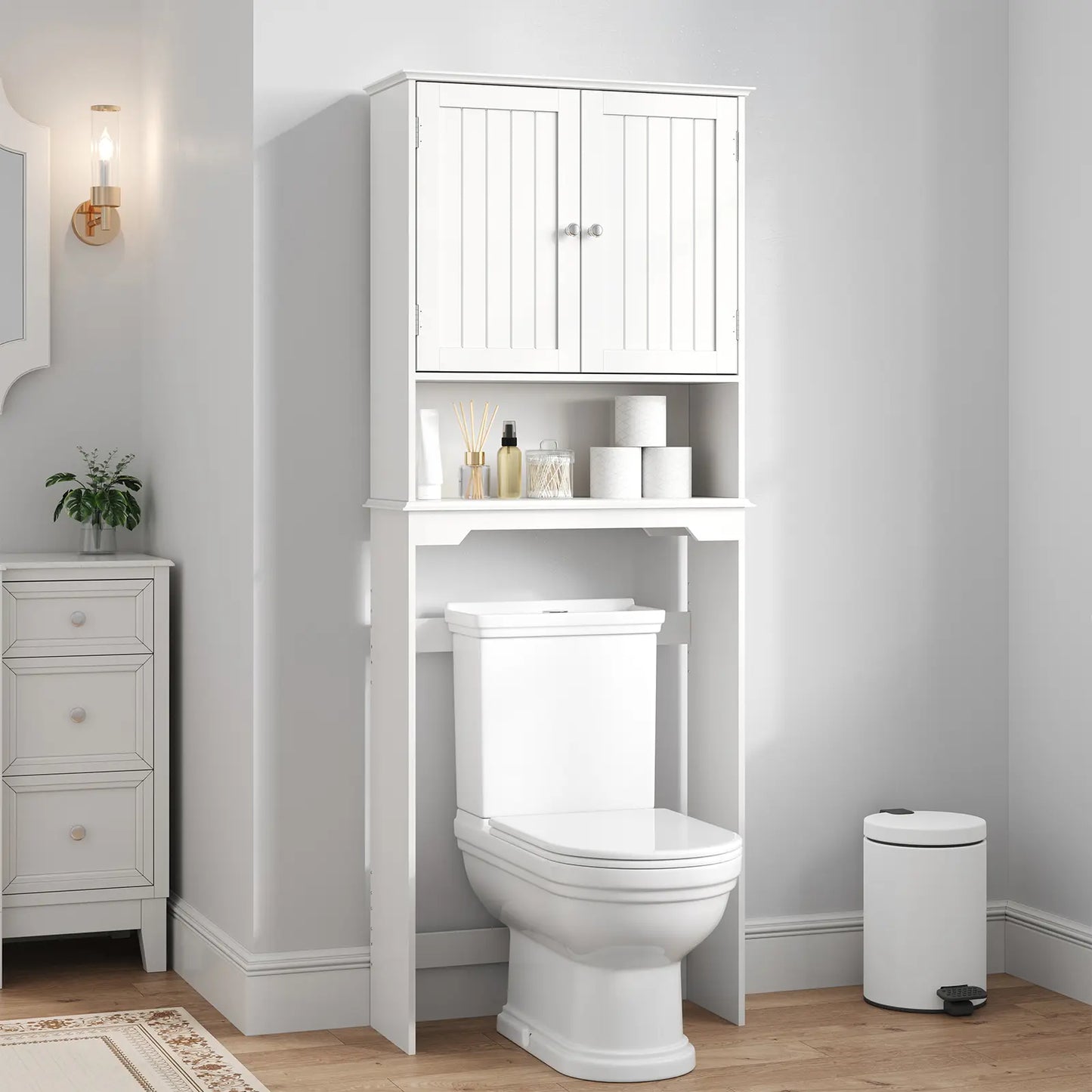 【Mother'Sdaygift】Over the Toilet Storage Cabinet, Bathroom Storage Cabinet over Toilet with Double Doors and Adjustable Shelf, Freestanding Toilet Rack for Bathroom, Black