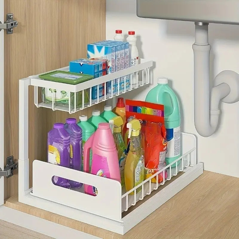 Kitchen Fixed Shelf Sink Storage, Sliding Pull-Out Cabinet Arrangement Rack, Metal Sliding Drawer, Bathroom Organizing Accessories, for Kitchen Bathroom Refrigerator Cabinet Organization Rack, Kitchen Storage Essential Goods