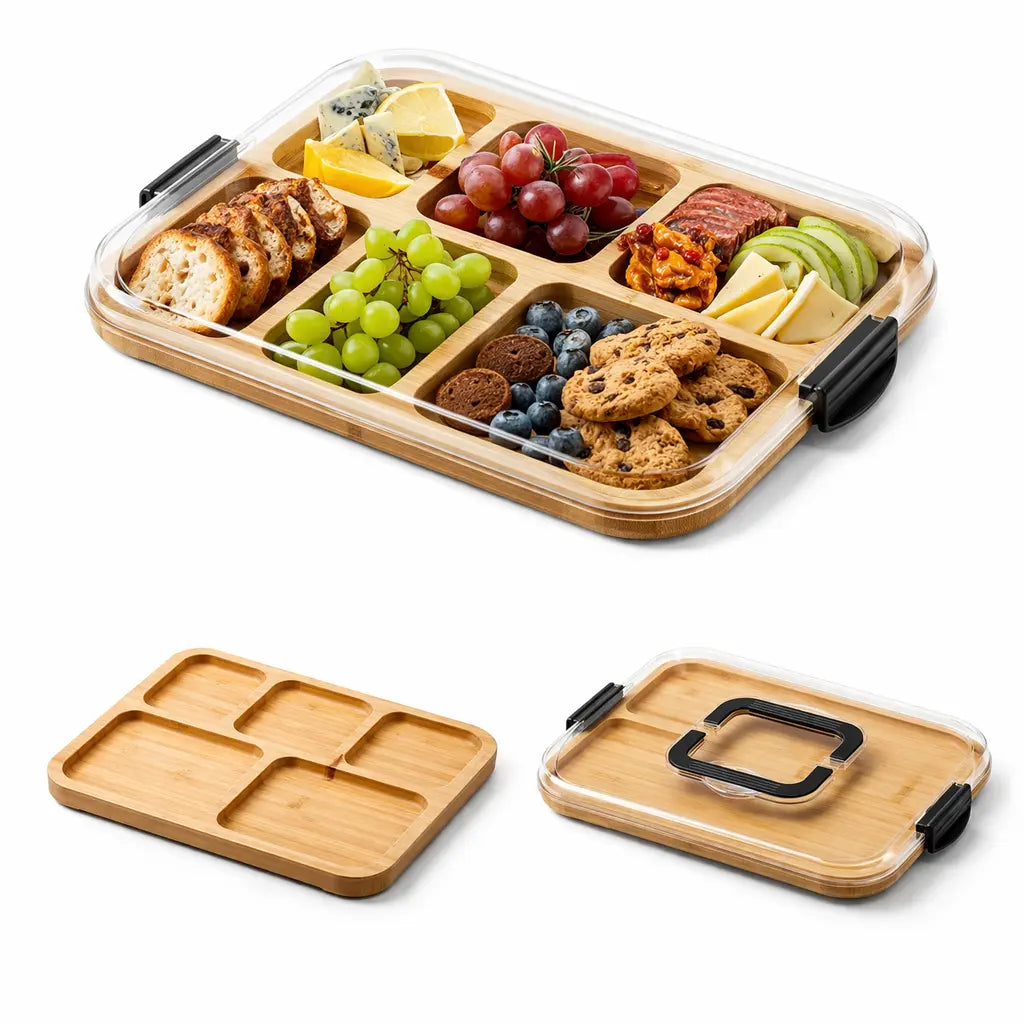 [Mother'S Day Gift] 2-In-1 Bamboo Cutting Board & Charcuterie Board with Lid, Reversible Chopping Board with Juice Groove & Handle, Snack Tray with Compartments, Portable Dust-Proof Cover for Picnic, Party & Gifts