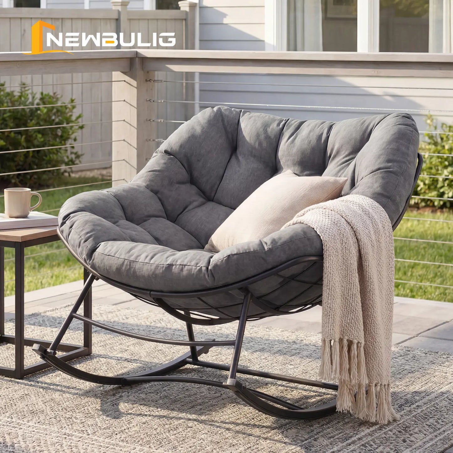 Heavy Duty Outdoor Rocking Chair with Cushion, Oversized Egg Lounge, 450 Lbs All-Weather Glider for Patio, Garden, Living Room