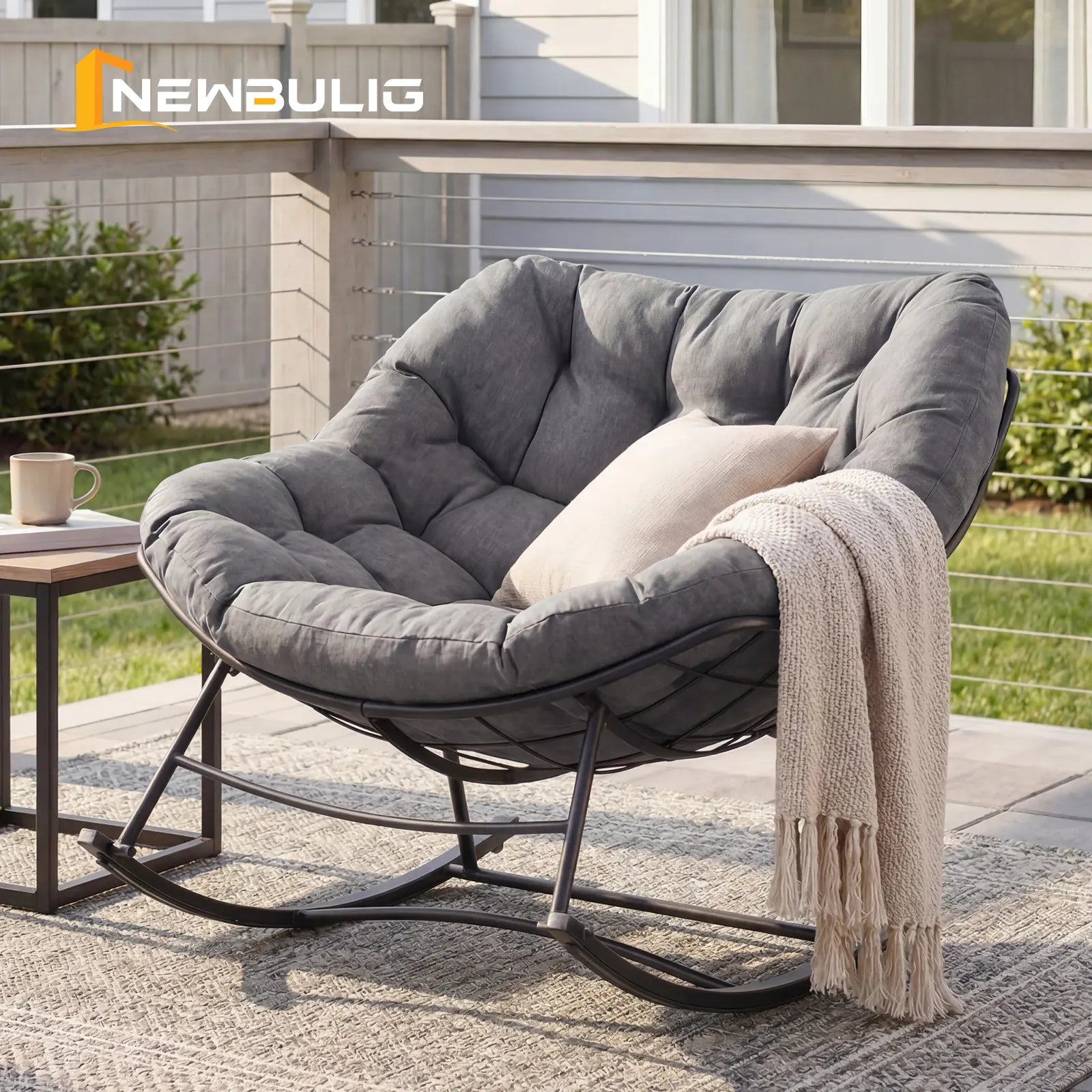 Heavy Duty Outdoor Rocking Chair with Cushion, Oversized Egg Lounge, 450 Lbs All-Weather Glider for Patio, Garden, Living Room