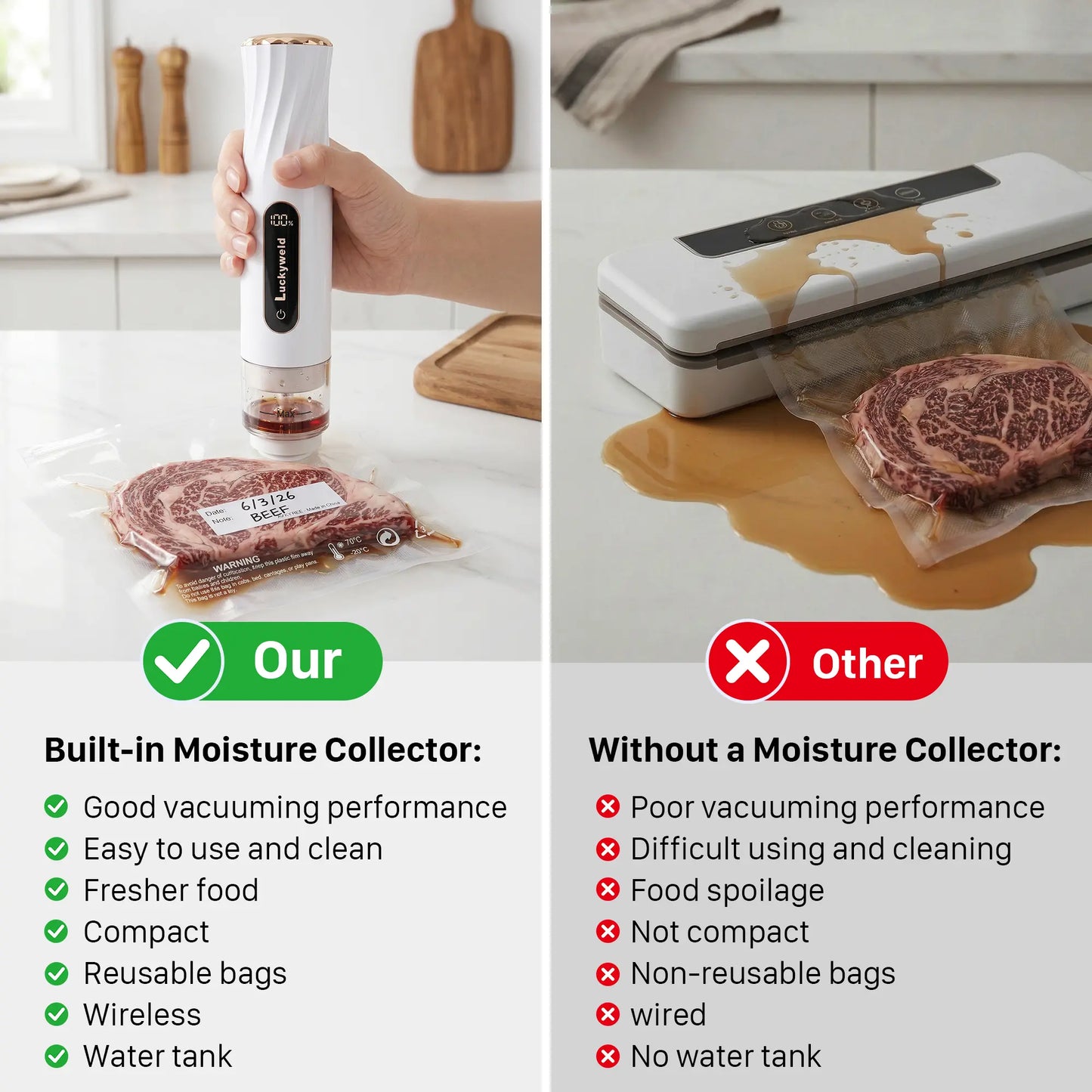 Vacuum Sealer for Food with Visual Water Storage Tank, Handheld Saver Vacuum Sealer Machine with 30 Reusable Bags for 5X Preservation & Fresh