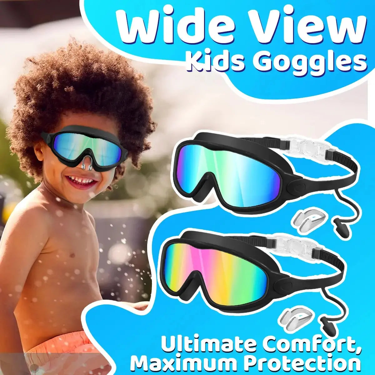 Kids' Snorkeling Mask with Earplugs & Nose Clip, Anti-Fog UV Waterproof Swim Goggles for Ages 5-14, Comfortable Silicone Frame for Safe Diving, UV Swimming Goggles, Swimming Accessories