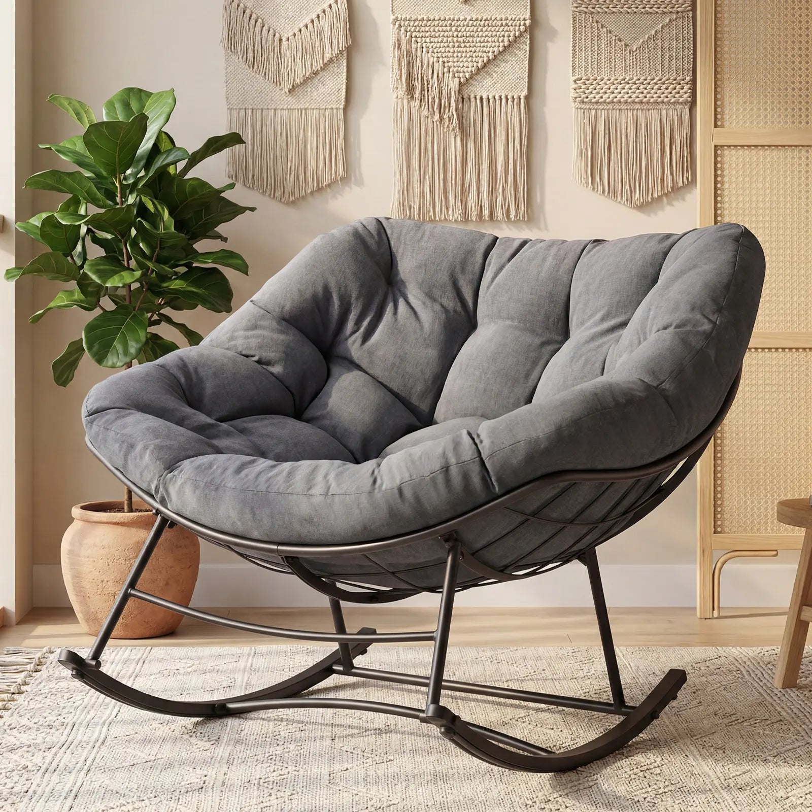Heavy Duty Outdoor Rocking Chair with Cushion, Oversized Egg Lounge, 450 Lbs All-Weather Glider for Patio, Garden, Living Room