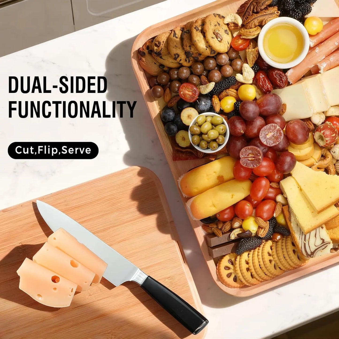 [Mother'S Day Gift] 2-In-1 Bamboo Cutting Board & Charcuterie Board with Lid, Reversible Chopping Board with Juice Groove & Handle, Snack Tray with Compartments, Portable Dust-Proof Cover for Picnic, Party & Gifts