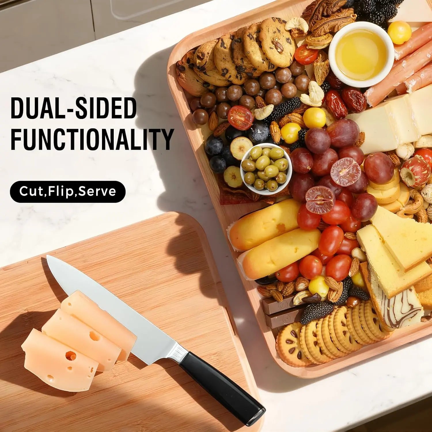 [Mother'S Day Gift] 2-In-1 Bamboo Cutting Board & Charcuterie Board with Lid, Reversible Chopping Board with Juice Groove & Handle, Snack Tray with Compartments, Portable Dust-Proof Cover for Picnic, Party & Gifts