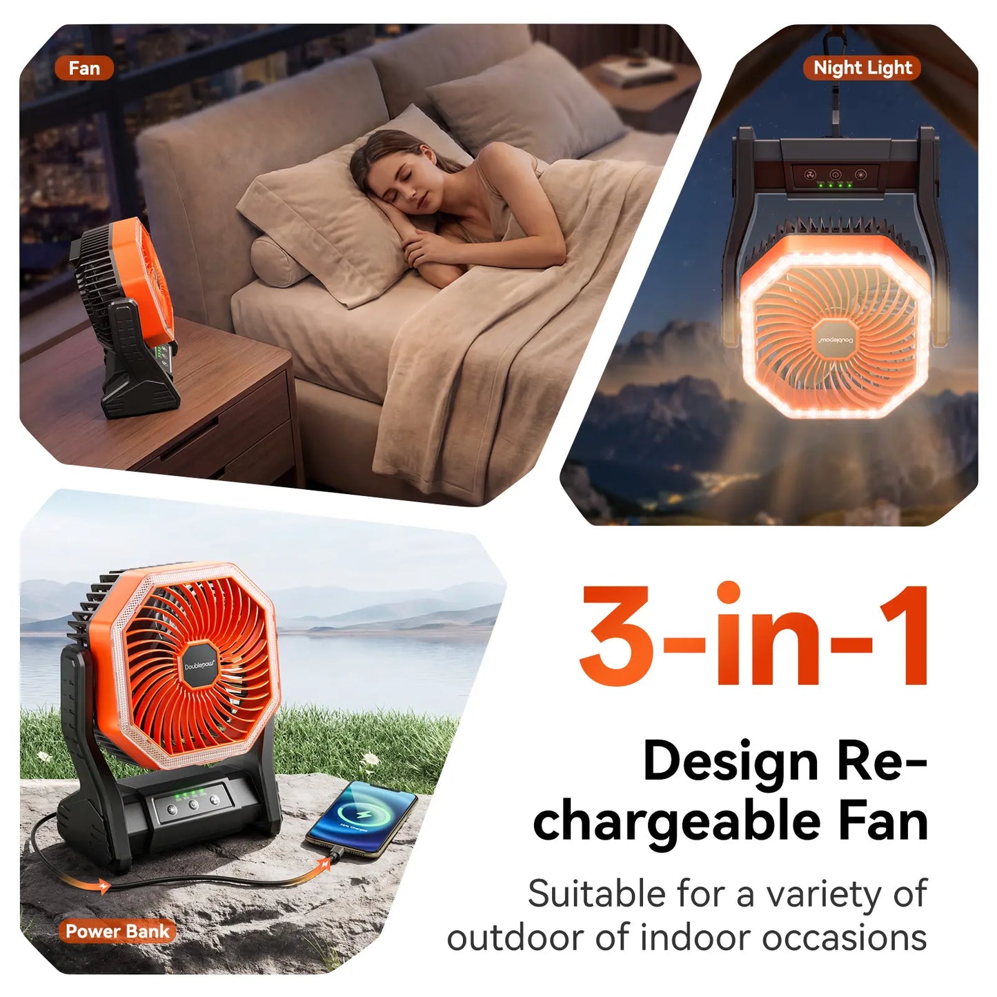 Doublepow 20000Mah Camping Fan with LED Light, Rechargeable Desktop Fan, Tent Fan with Hook, Adjustable 4-Speed Powerful Wind Speed USB Fan, Suitable for Camping Work Site, Hurricane Fishing Office
