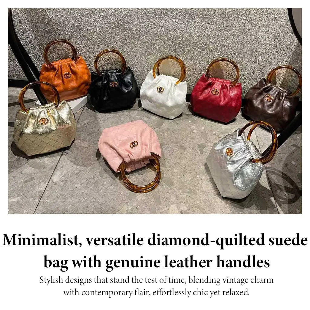 The Tangerine Ring Pouch - Chic Quilted Bucket Bag Soft Faux Leather with Tortoiseshell Handle for Summer Vacation Resort Trendy All-Match Commuter Bag