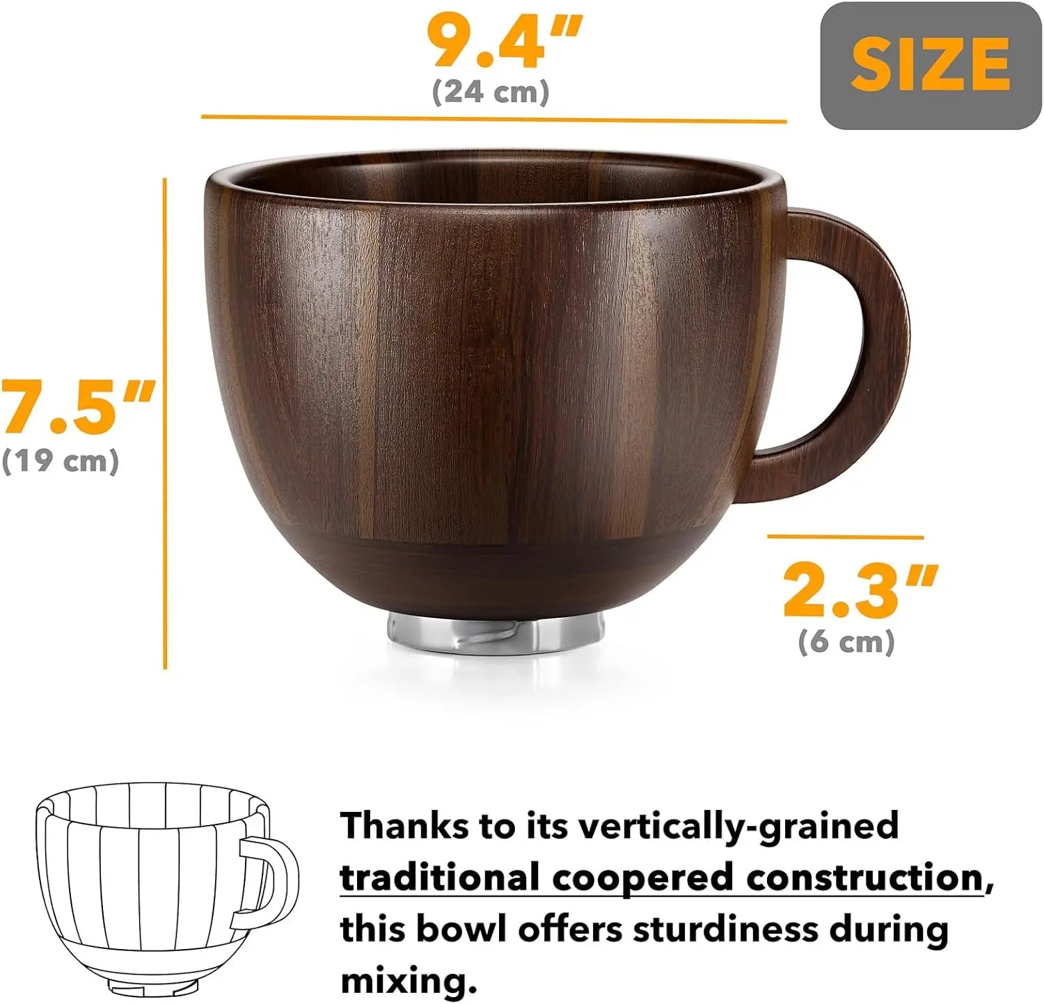 Spaceaid Wooden Bowl with Handle for Stand Mixer – Acacia Wood Mixing Bowl, 4.5–5 QT Tilt-Head Compatible