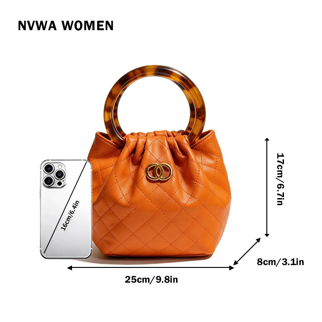 The Tangerine Ring Pouch - Chic Quilted Bucket Bag Soft Faux Leather with Tortoiseshell Handle for Summer Vacation Resort Trendy All-Match Commuter Bag