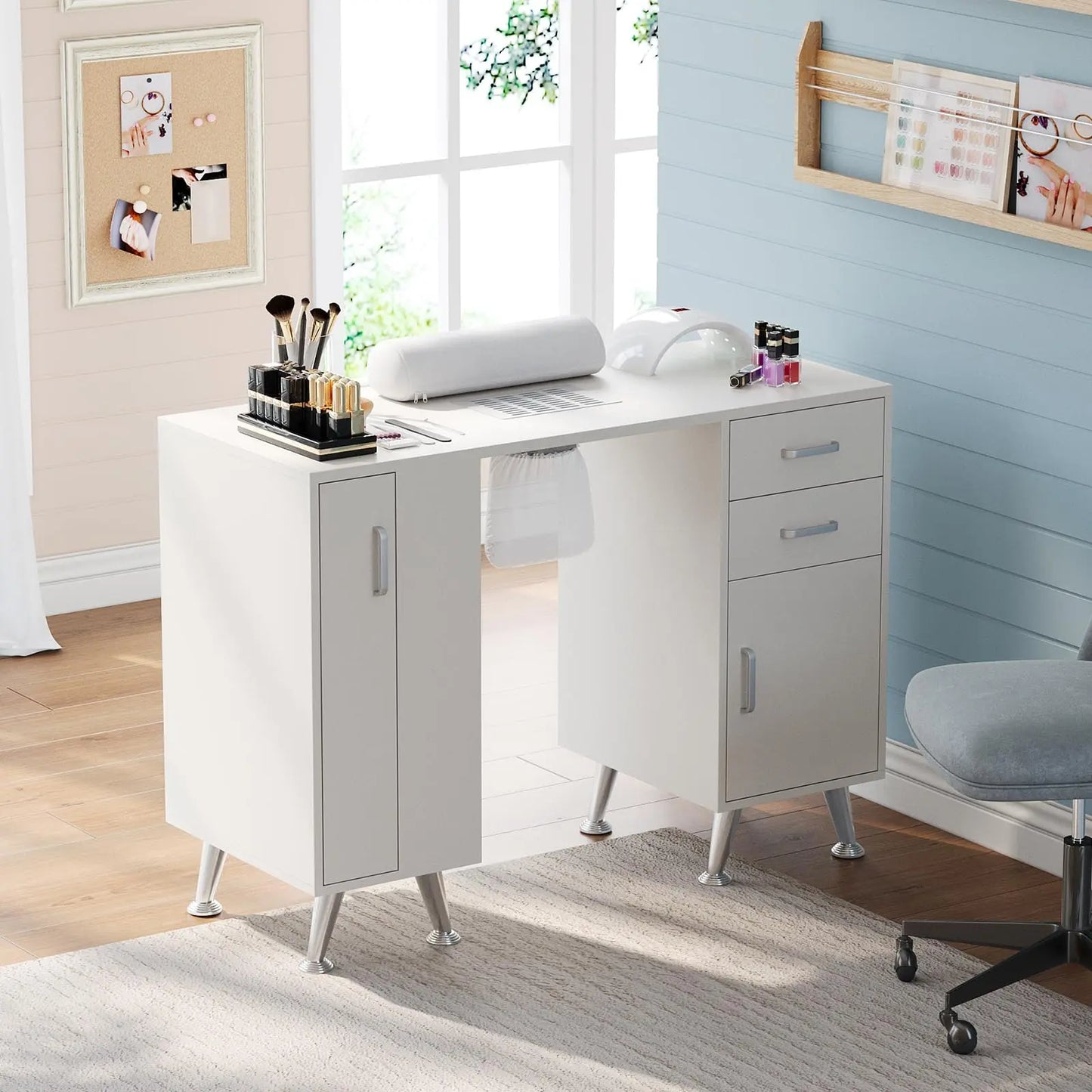 Zr-Garvee 42 Inch Nail Tech Station with Vertical Storage Locker and 4 Tier Open Shelves Professional Manicure Desk with Dust Collector and Storage Drawers