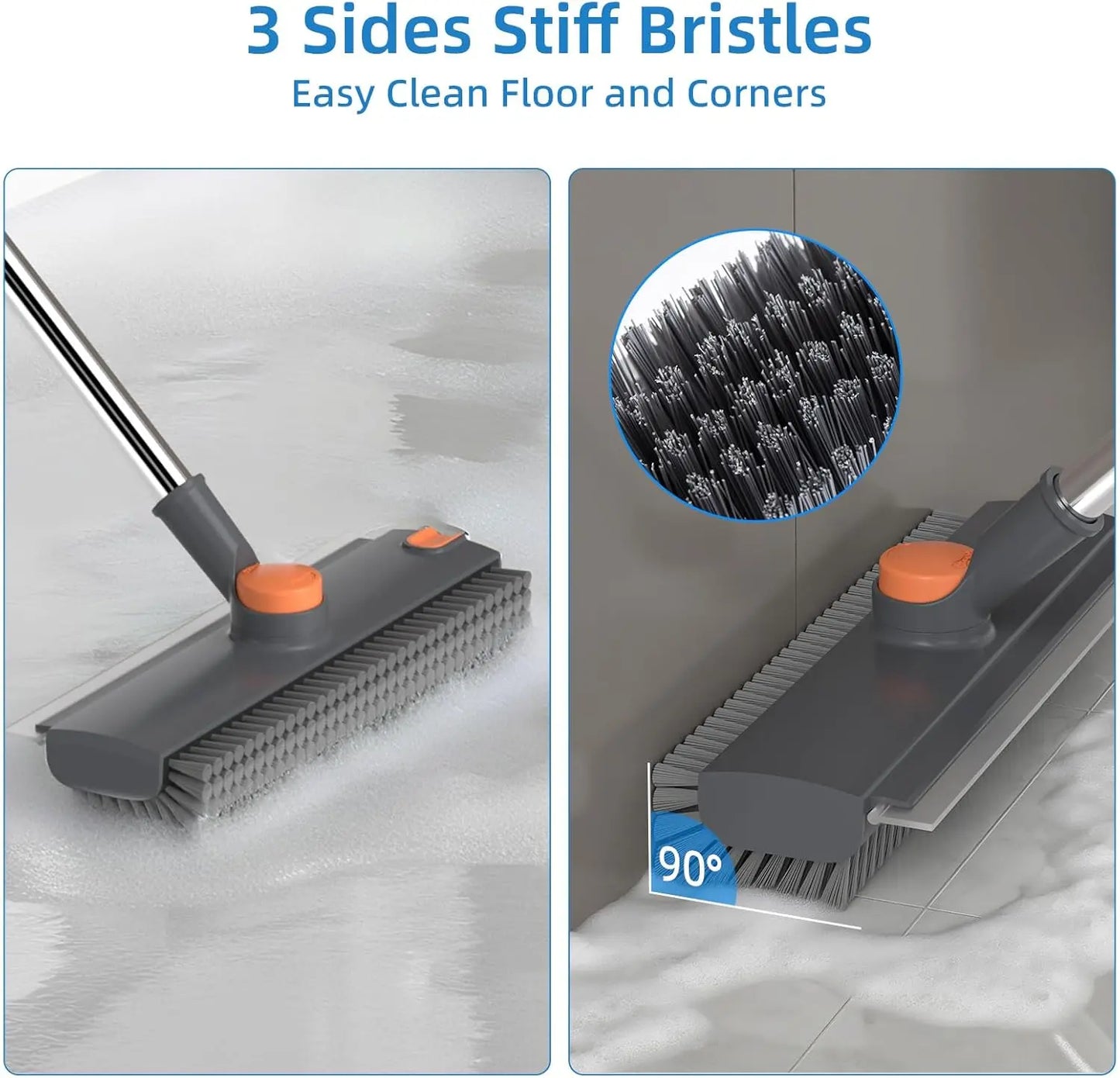 Scrub Brush with Long Handle 3 in 1 Shower Scrubber Floor Broom Squeegee for Concrete Tile Wall Deck Patio Grey 180° Stiff Bristle Brush Full Rotation Smooth Silicone Squeegee Adjustable Extended Handle