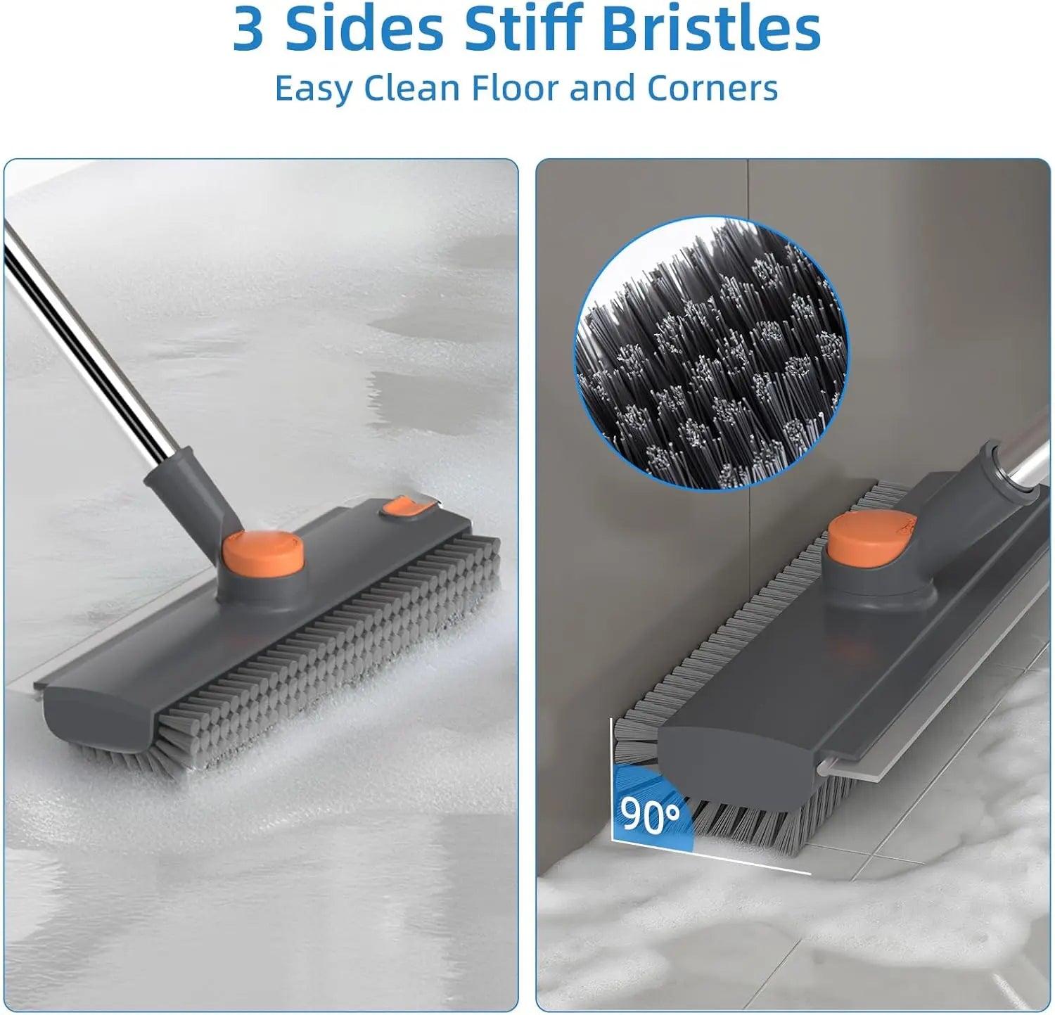 Scrub Brush with Long Handle 3 in 1 Shower Scrubber Floor Broom Squeegee for Concrete Tile Wall Deck Patio Grey 180° Stiff Bristle Brush Full Rotation Smooth Silicone Squeegee Adjustable Extended Handle