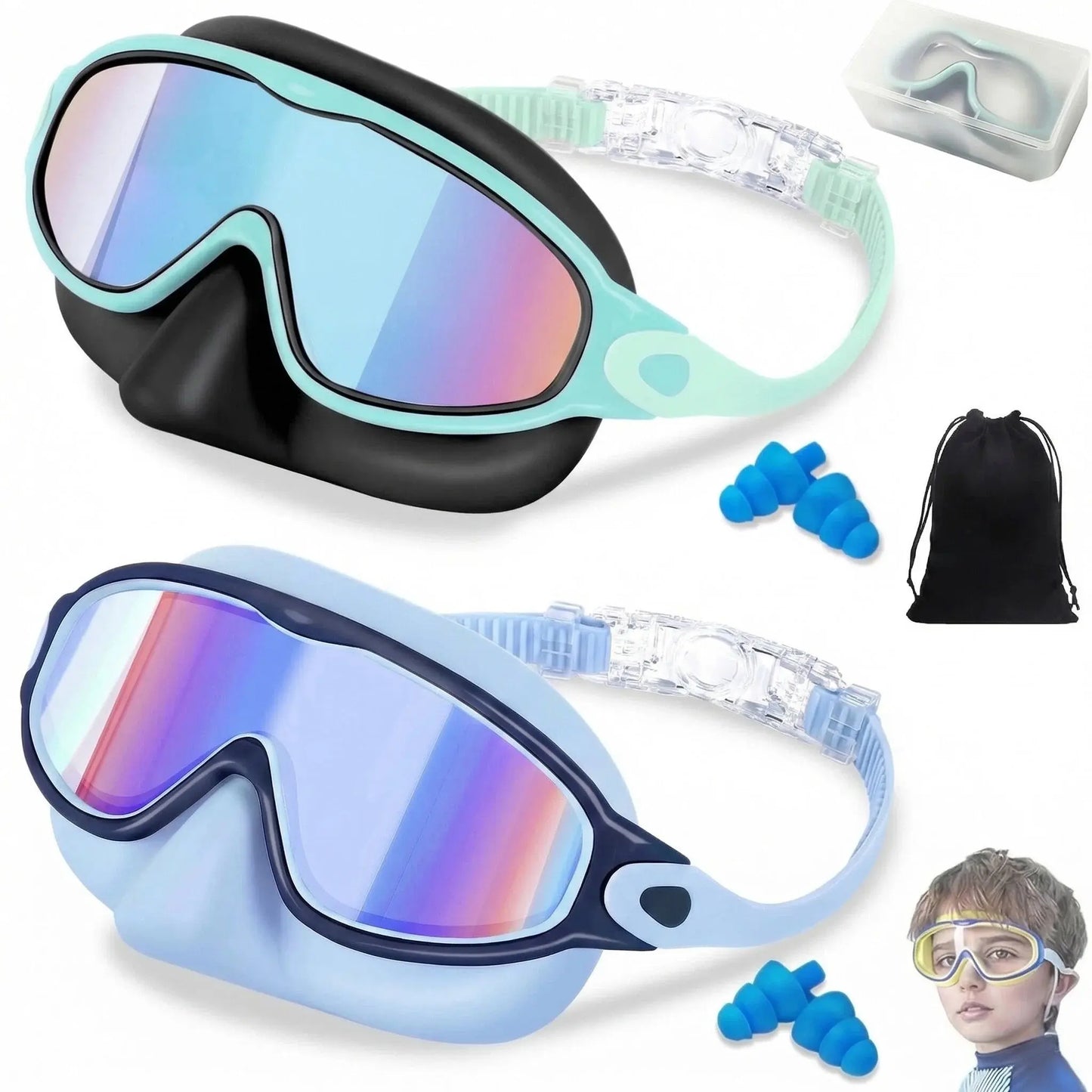 MERSUN 2 Pack Kids Swim Goggles with Nose Cover for 3-15 Anti-Uv Anti-Fog Pool Water Swimming Goggles Boys Girls Youth Toddler