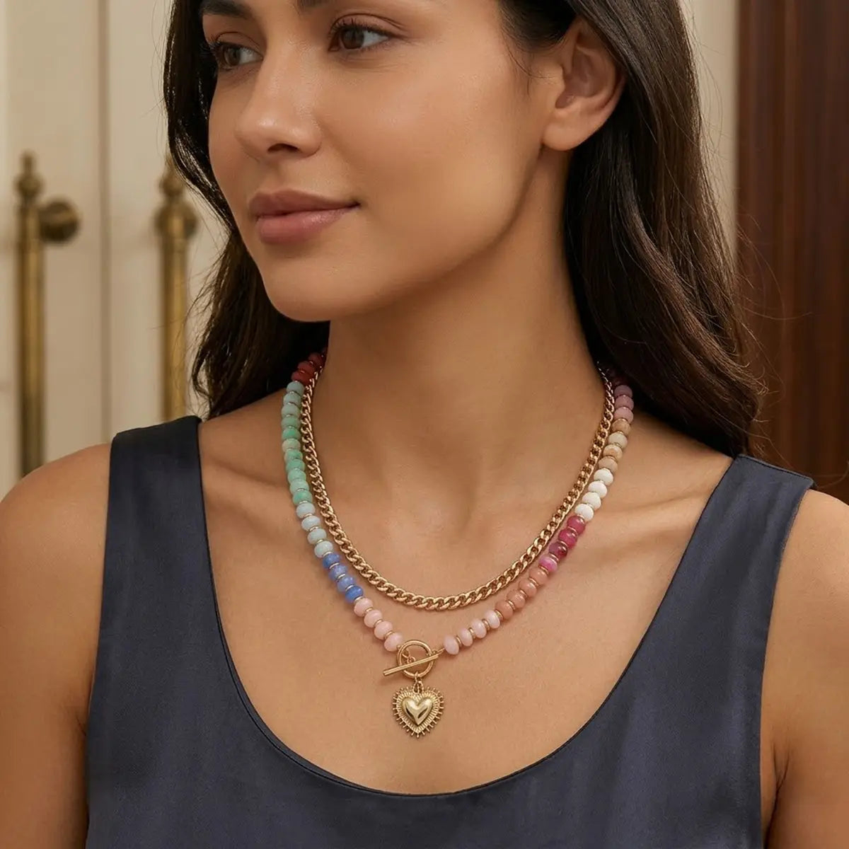 Dopamine-Enhanced Colored Beaded Double-Layer Necklace, Heart-Shaped Pendant Chain, Clavicle Chain, Unique Stacked Heart Pendant, Women'S Jewelry Gift.