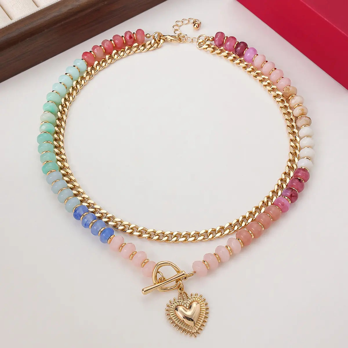 Dopamine-Enhanced Colored Beaded Double-Layer Necklace, Heart-Shaped Pendant Chain, Clavicle Chain, Unique Stacked Heart Pendant, Women'S Jewelry Gift.