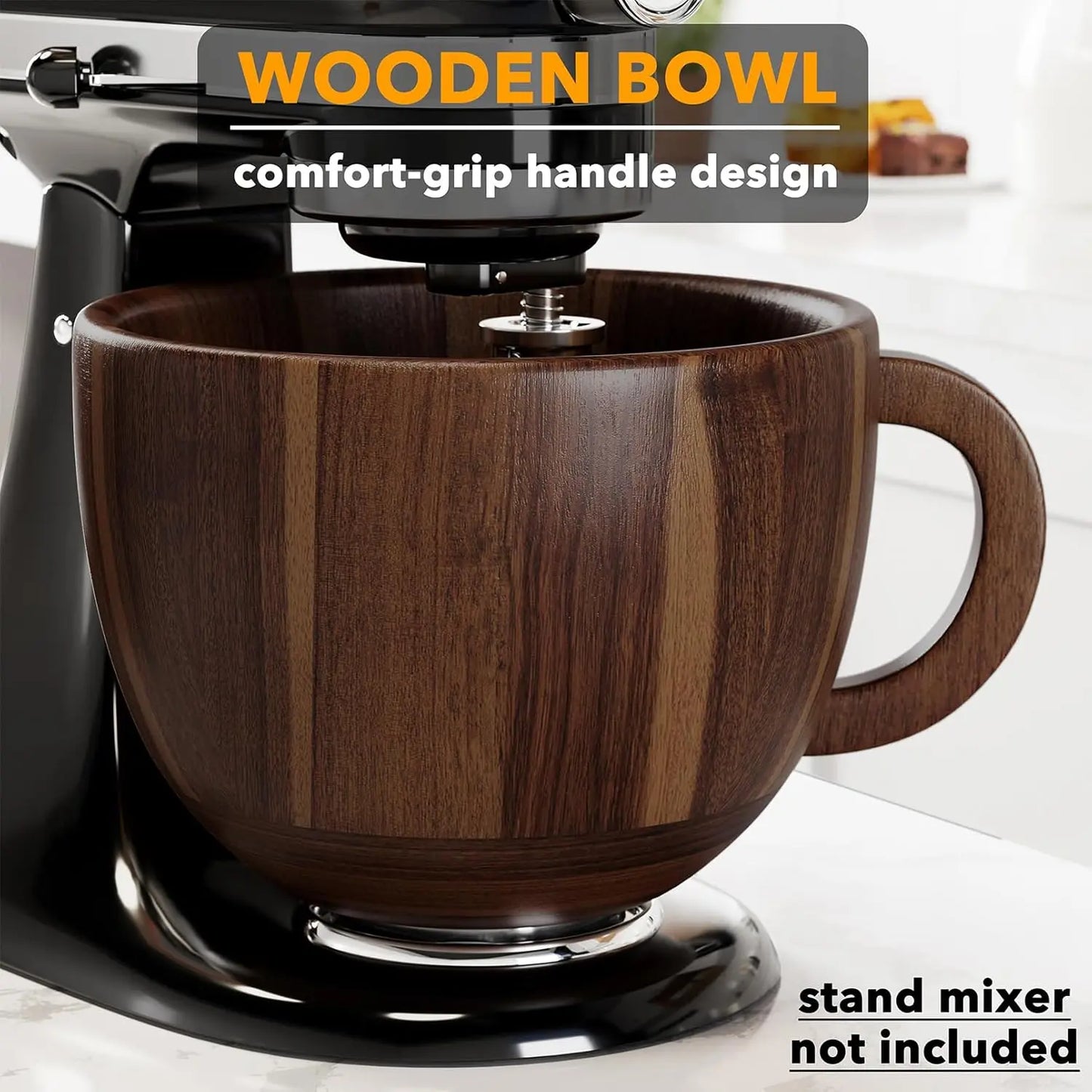 Spaceaid Wooden Bowl with Handle for Stand Mixer – Acacia Wood Mixing Bowl, 4.5–5 QT Tilt-Head Compatible