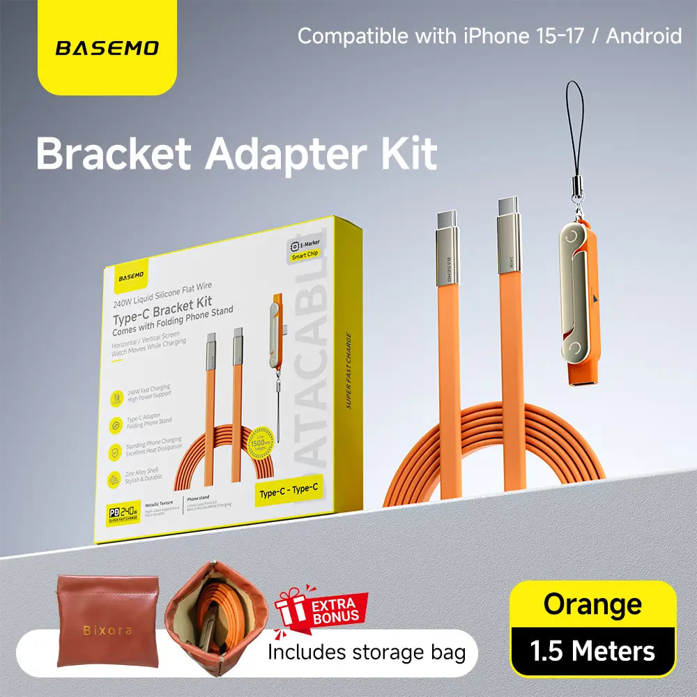 [March Warranty] Basemo New Upgraded 240W Super-Fast Charger with Detachable 2-In-1 360° Invisible Stand, Zinc Alloy & Silicone Type-C 1.5Rice Cable – Ideal for Gaming, Office, Car Use, and Travel – Compatible with Apple and Samsung Devices