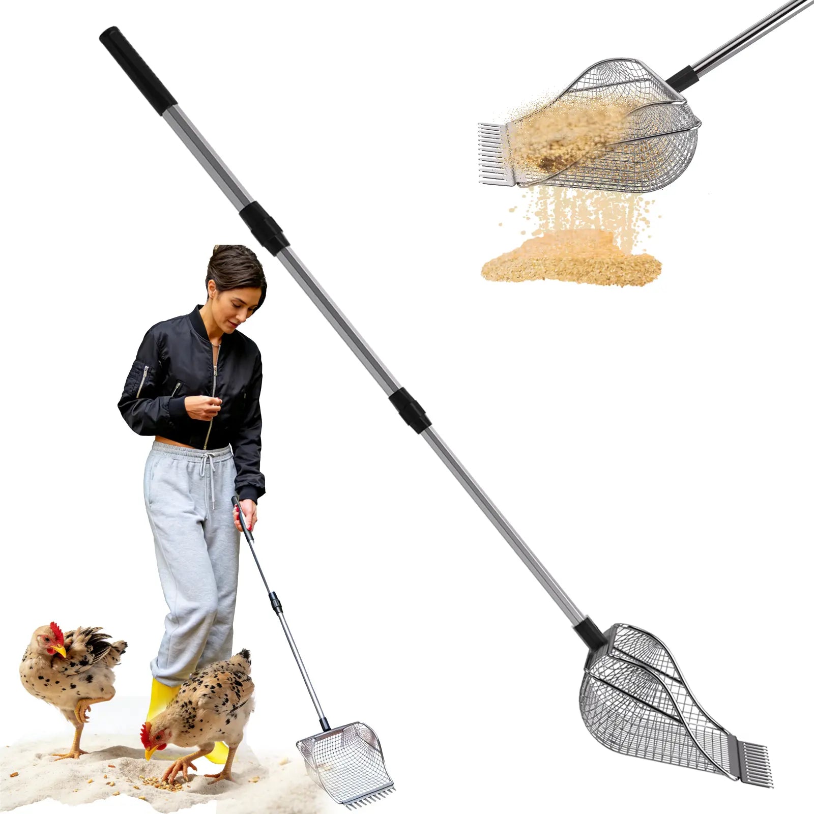 Chicken Poop Scooper, Rake&Scoop 2-In-1,Adjustable Telescopic Less Weight Handle,Sifting Shovel Litter Scooper for Chick Poultry Waste Clean at Coop Home Backyard Farm