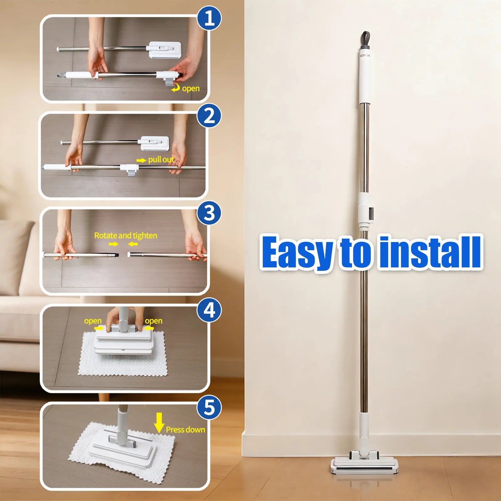 SOPAMI Disposable Dust Mop, Hands-Free Wet Dry Floor Cleaning Mop, Lazy Household Floor Cleaner with Replaceable Non-Woven Cleaning Pads for Home Hardwood Floors, Tile Floors