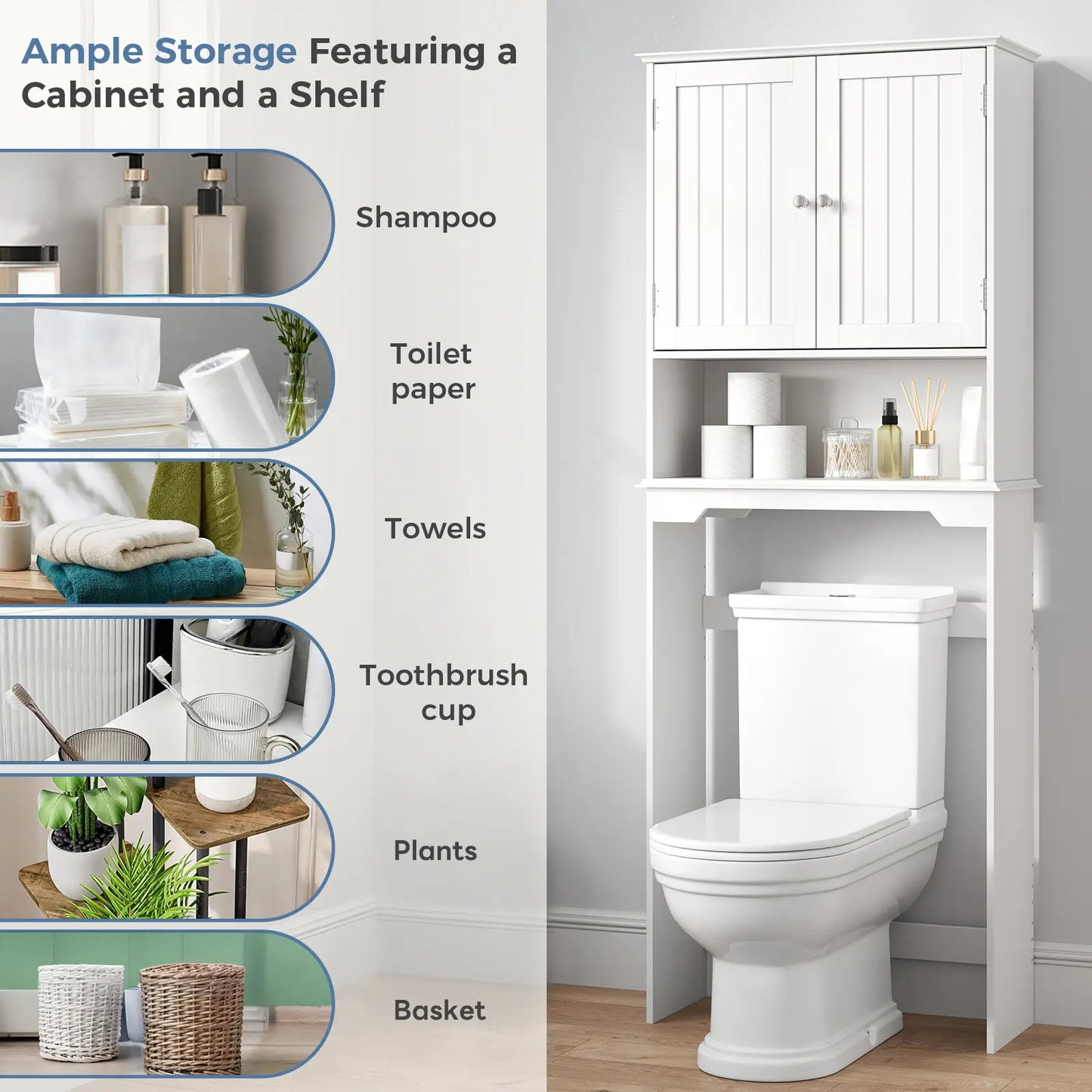 【Mother'Sdaygift】Over the Toilet Storage Cabinet, Bathroom Storage Cabinet over Toilet with Double Doors and Adjustable Shelf, Freestanding Toilet Rack for Bathroom, Black