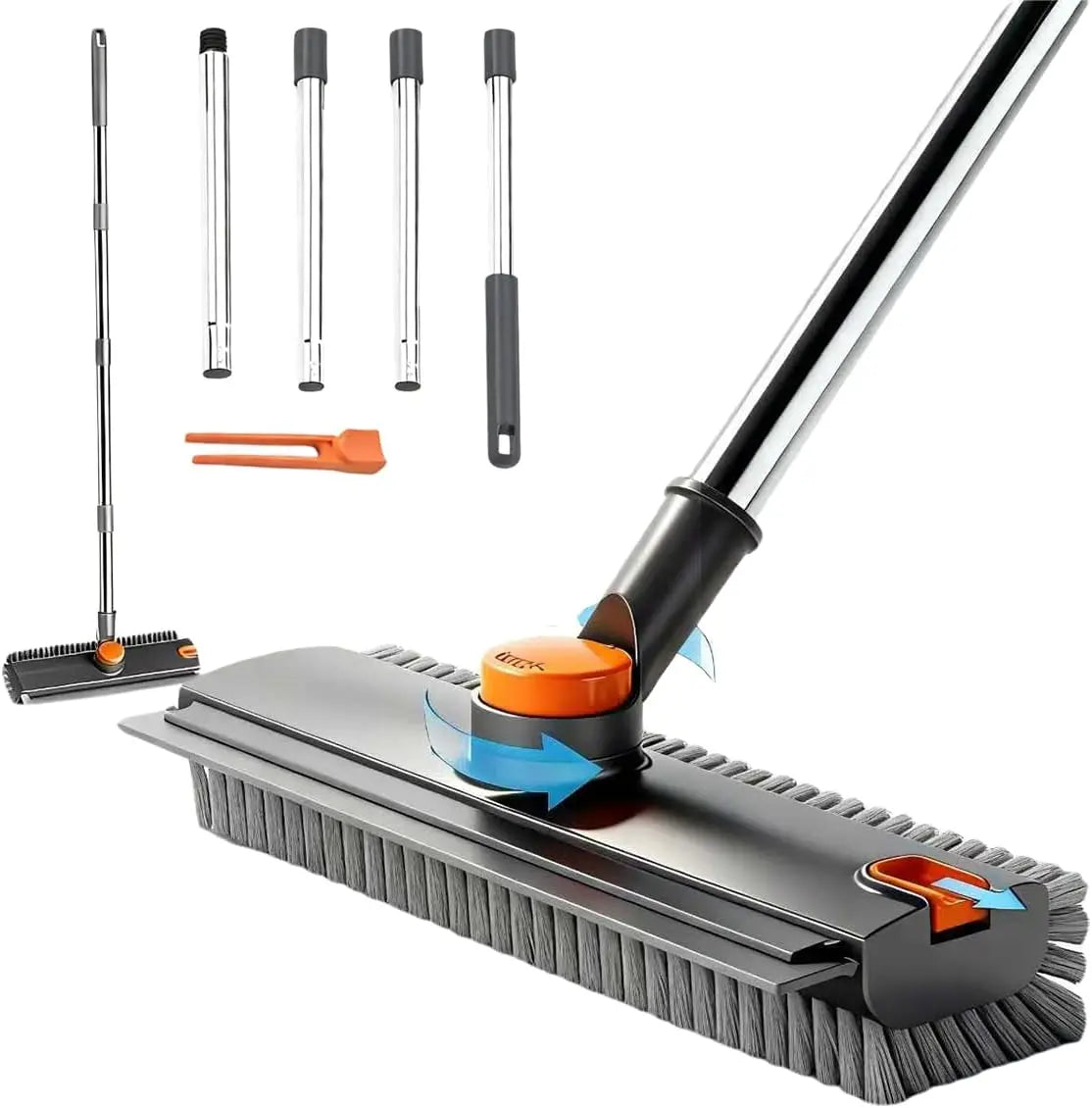 Scrub Brush with Long Handle 3 in 1 Shower Scrubber Floor Broom Squeegee for Concrete Tile Wall Deck Patio Grey 180° Stiff Bristle Brush Full Rotation Smooth Silicone Squeegee Adjustable Extended Handle