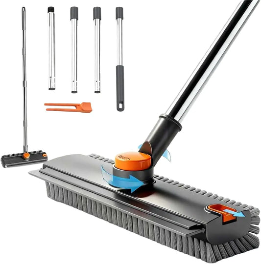 Scrub Brush with Long Handle 3 in 1 Shower Scrubber Floor Broom Squeegee for Concrete Tile Wall Deck Patio Grey 180° Stiff Bristle Brush Full Rotation Smooth Silicone Squeegee Adjustable Extended Handle