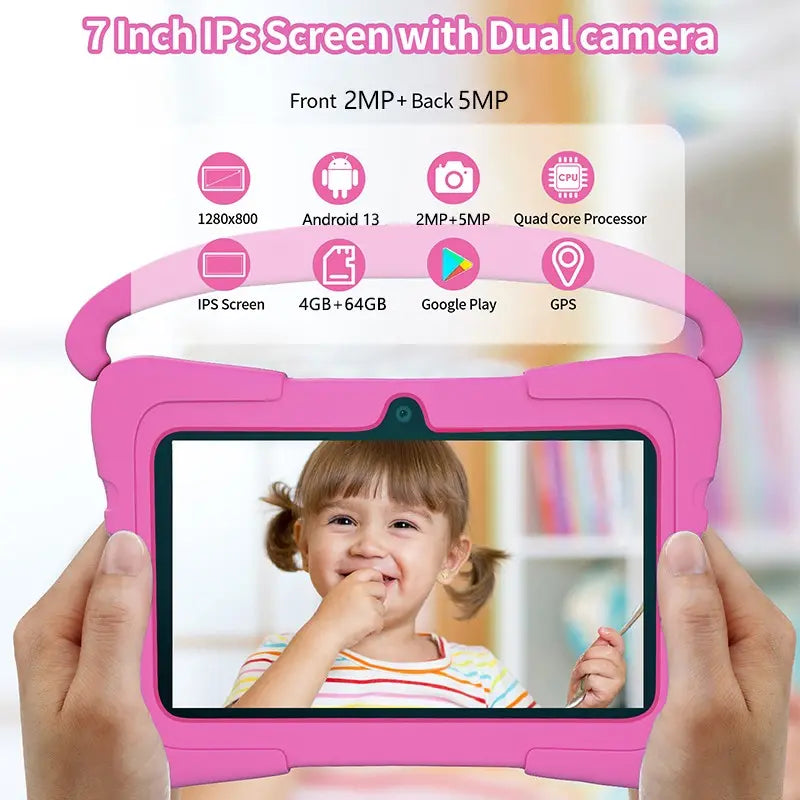 7-Inch Kids Touchscreen Tablet, Quad-Core Android 13.0, 4GB RAM 64GB Storage, 1280X800 Resolution, Dual Cameras, Wifi Bluetooth-Compatible, Parental Control