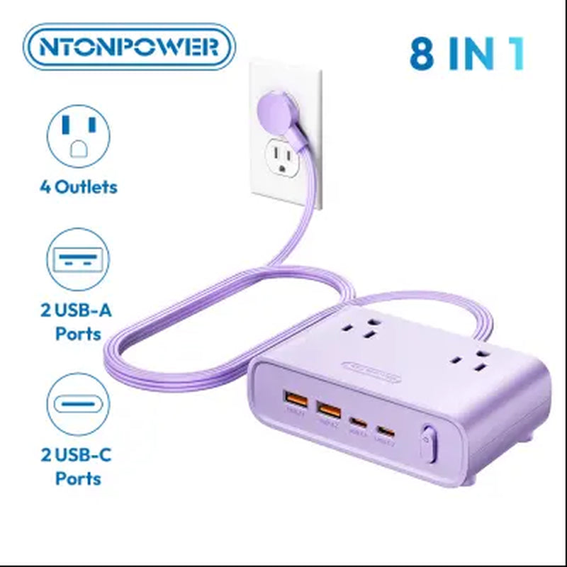 NTONPOWER Flat Plug Power Strip, Desktop Charging Station with 25W USB C Ports, Purple Extension Cord with 4 AC Outlets, 5Ft Flat Extension Cord for Home Office, Dorm Room Essentials,Mother'S Day Gift Ideas