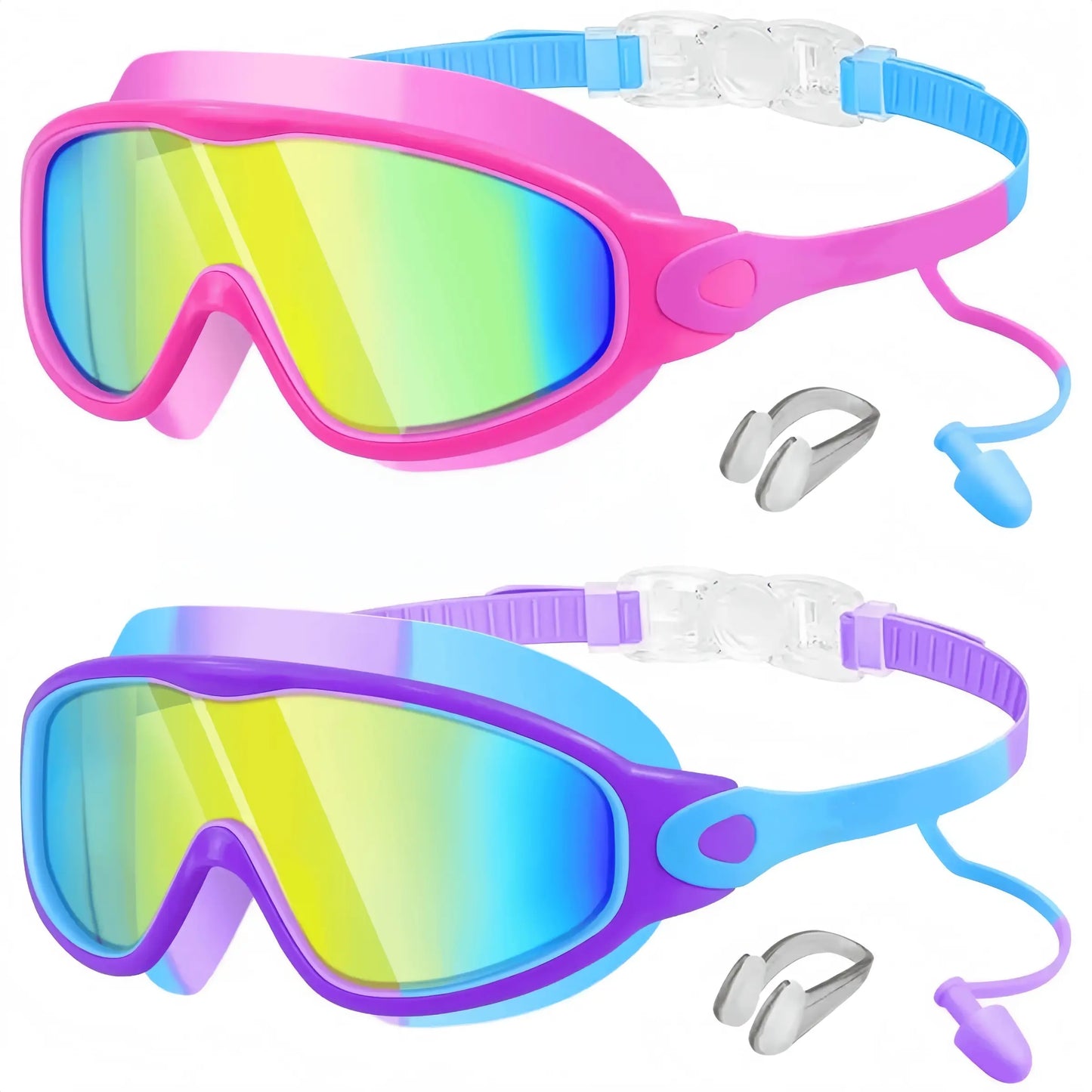 Kids' Snorkeling Mask with Earplugs & Nose Clip, Anti-Fog UV Waterproof Swim Goggles for Ages 5-14, Comfortable Silicone Frame for Safe Diving, UV Swimming Goggles, Swimming Accessories